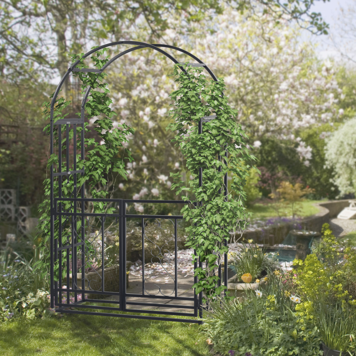 Outsunny Metal Garden Arch with Double Gate, Garden Arbor Climbing Plants