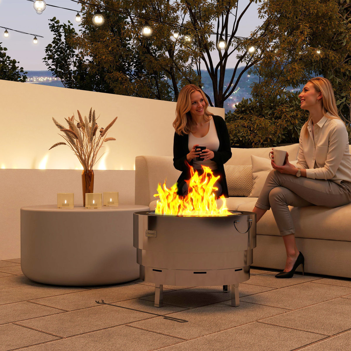 Outsunny Round Fire Pit with Grill Net, Stainless Steel Firepit, Silver