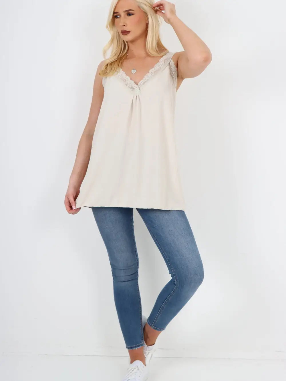 Italian V Neck Lace Detail Vest Top | One Size Fits 8–18 UK