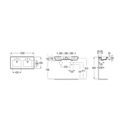 Prisma Ceramic Wall Hung 1200mm Double Basin - 2 Tap Hole