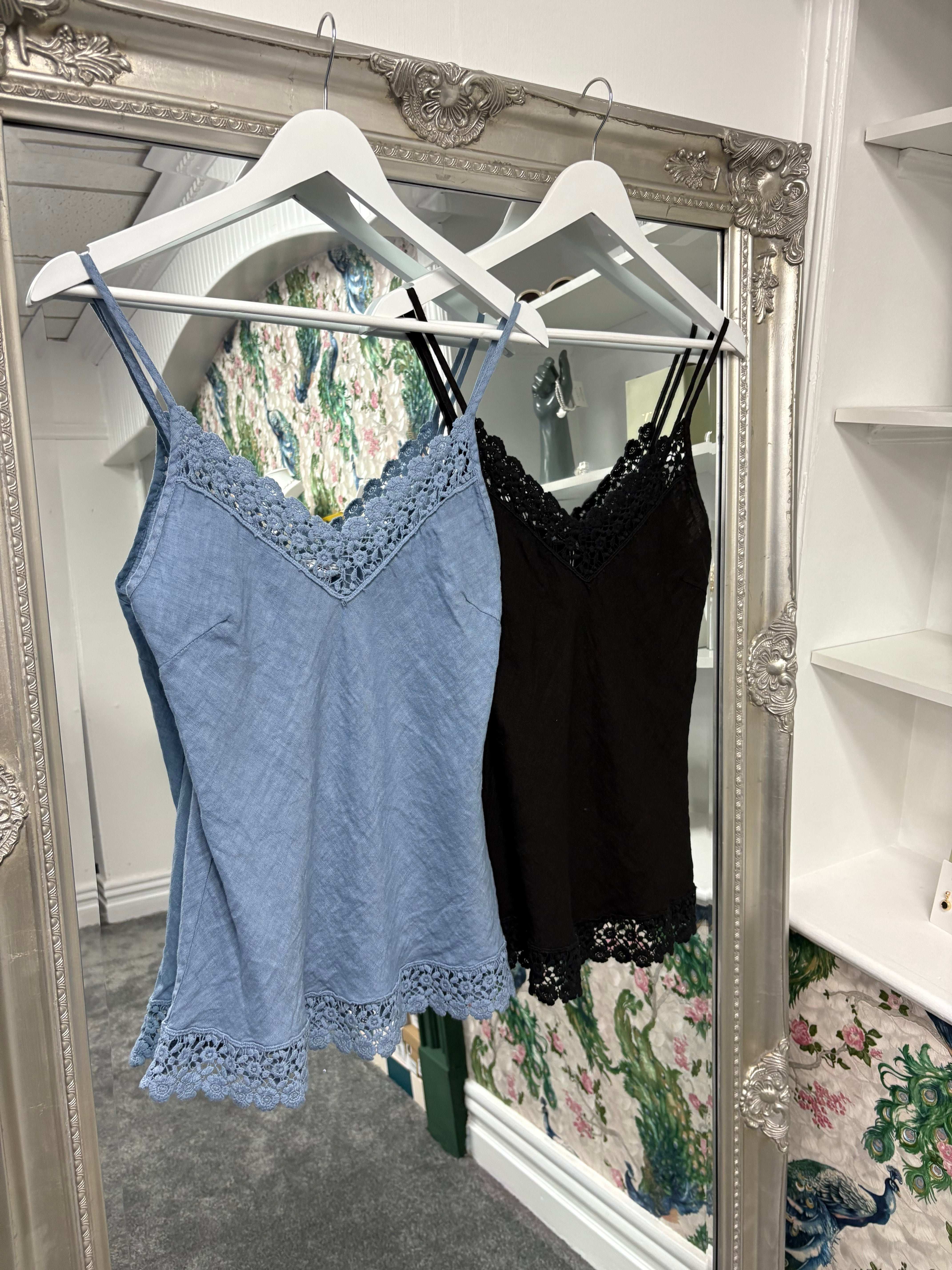 Luxtyle Linen Strappy Top with Flower Detail | Summer Cami | One Size Fits 8–14