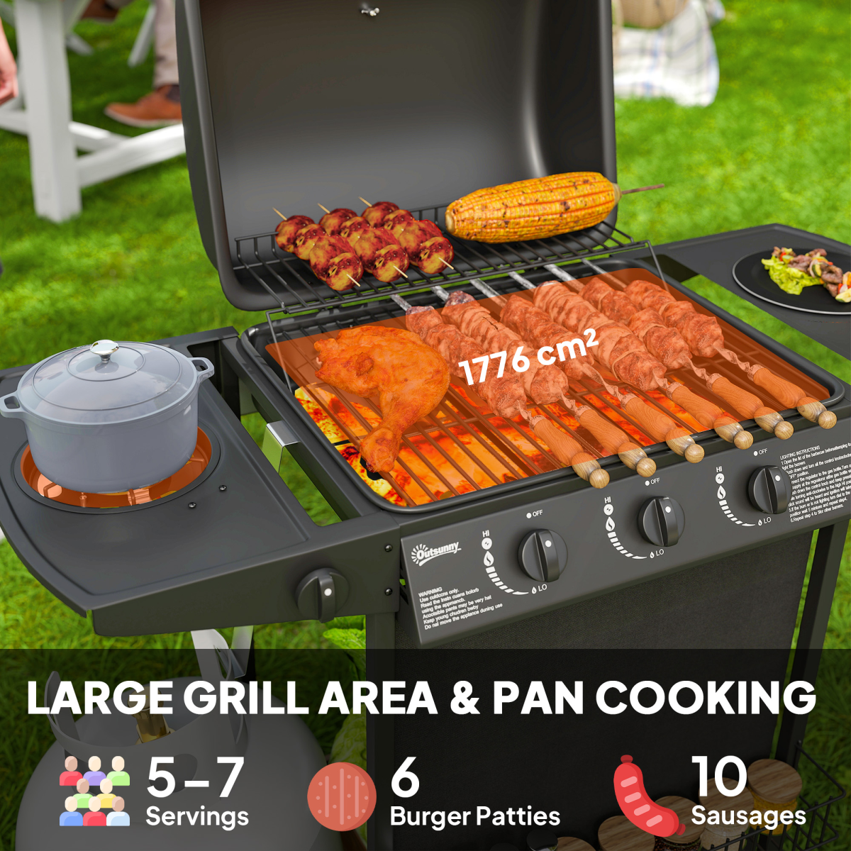 Outsunny 4 Burner Gas Barbecue Grill Portable Gas BBQ Grill with Lid, Black