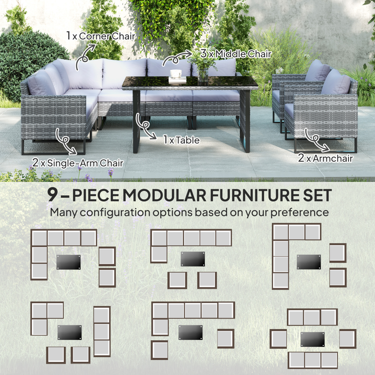 Outsunny Sectional Outdoor Furniture with Glass Top Table, Light Grey
