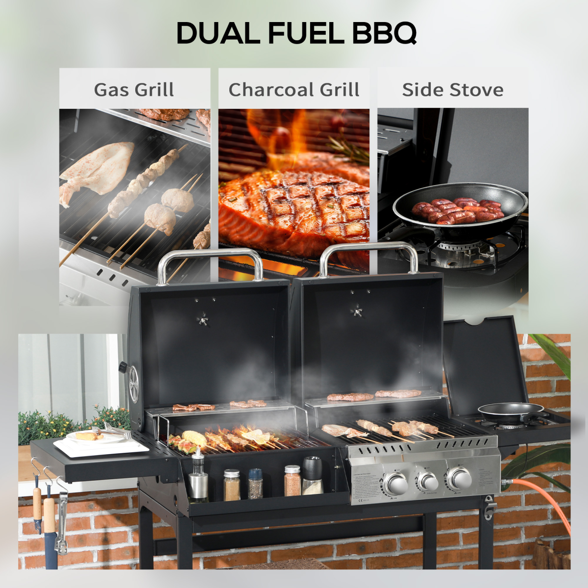 Outsunny Dual Fuel BBQ Grill with Wheels, Warming Rack, Black