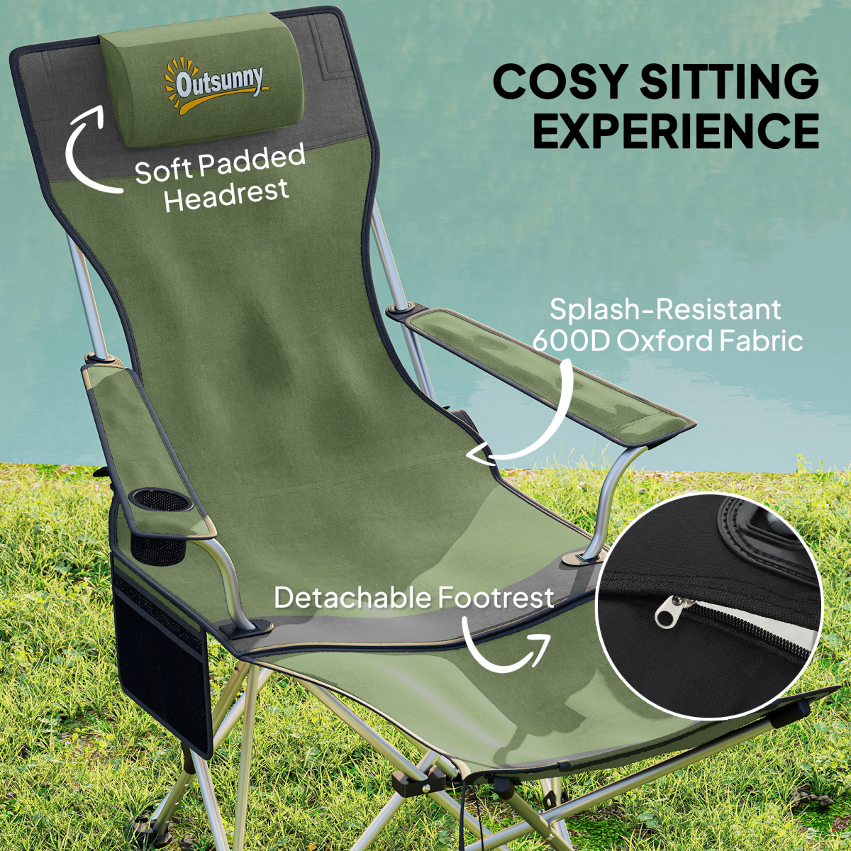 Outsunny Set of 2 Reclining Camping Chairs, Olive Green and Grey