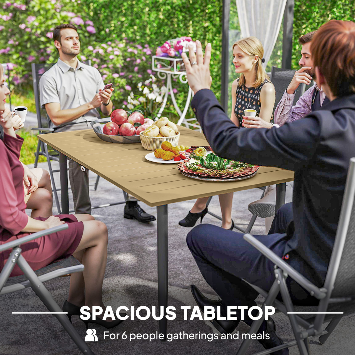 Outsunny Garden Dining Table for 6 Person with Parasol Hole, Brown