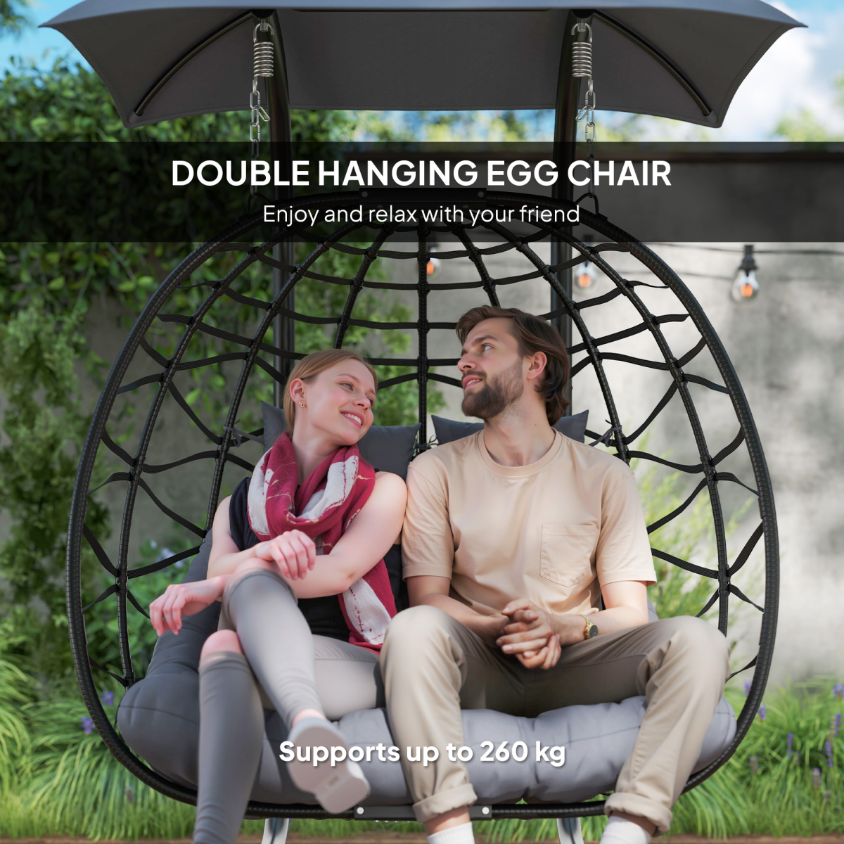 Outsunny Rattan Double Hanging Egg Chair with Canopy, Cushion, Black