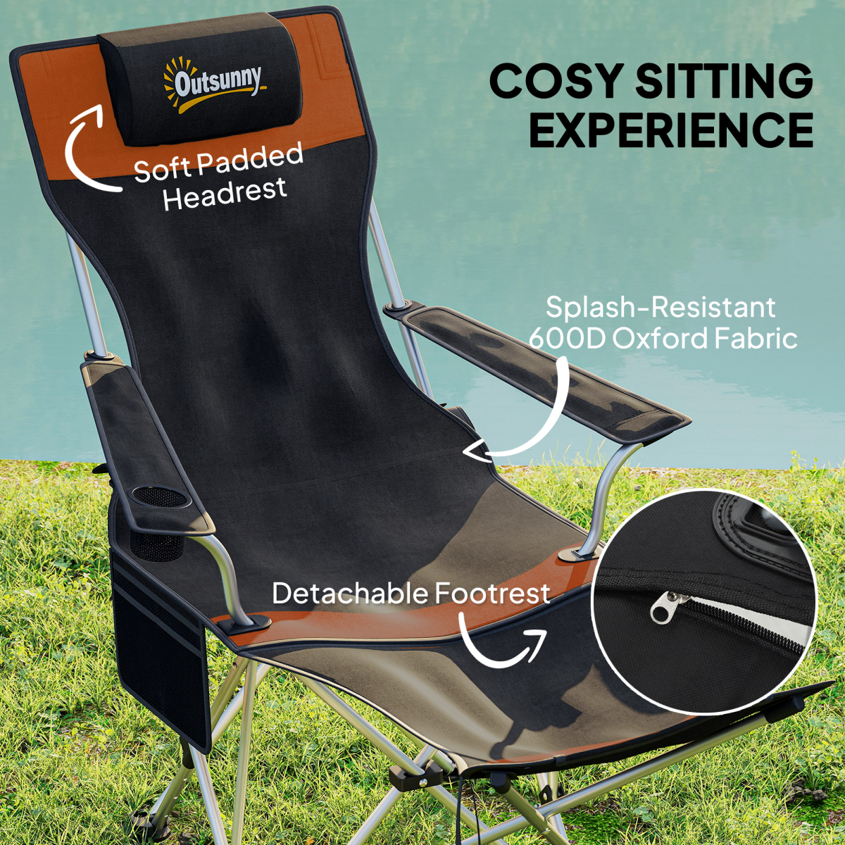Outsunny Set of 2 Reclining Camping Chairs, Orange and Black