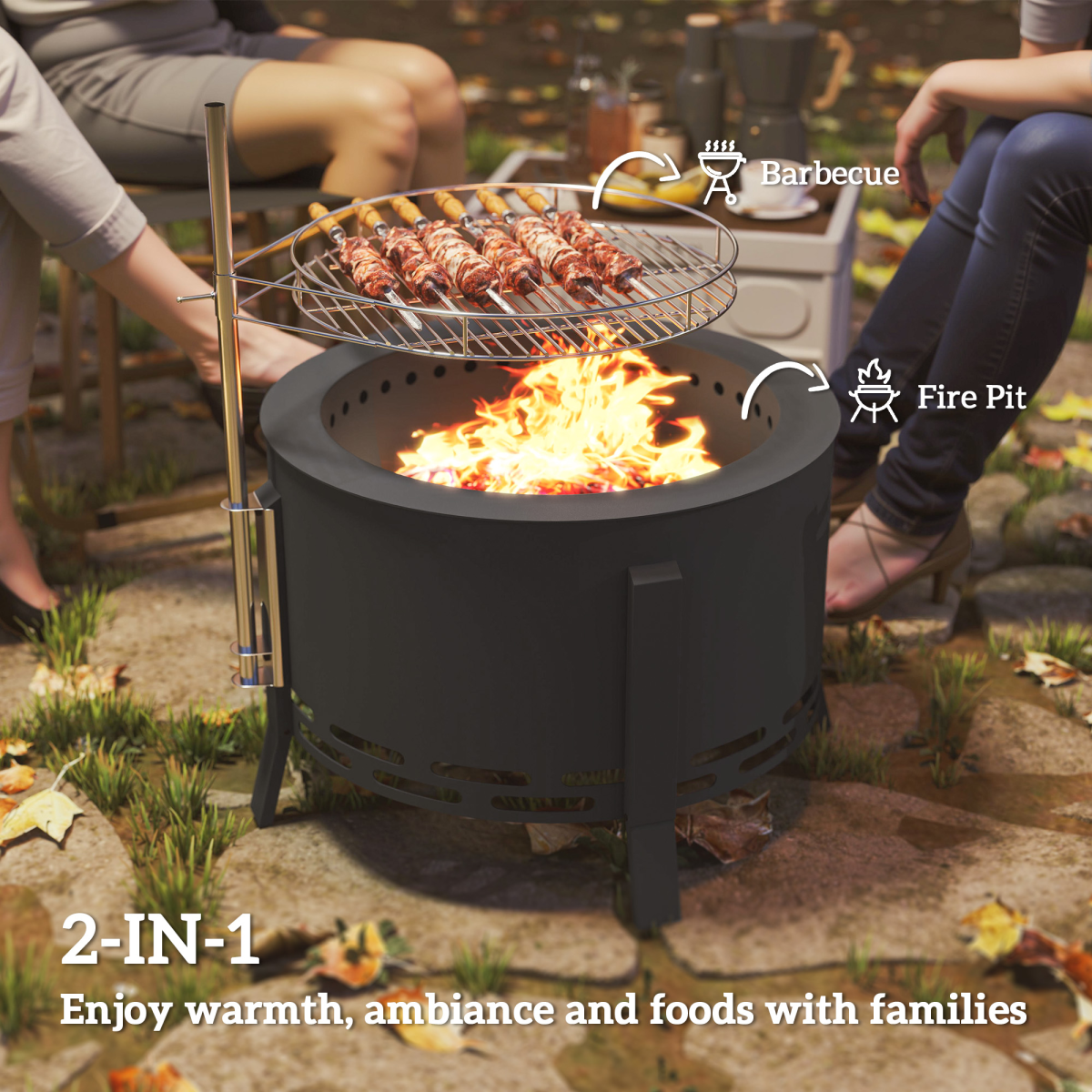 Outsunny Portable Fire Pit, 58 cm Round Firepit with Grill Grate, Black