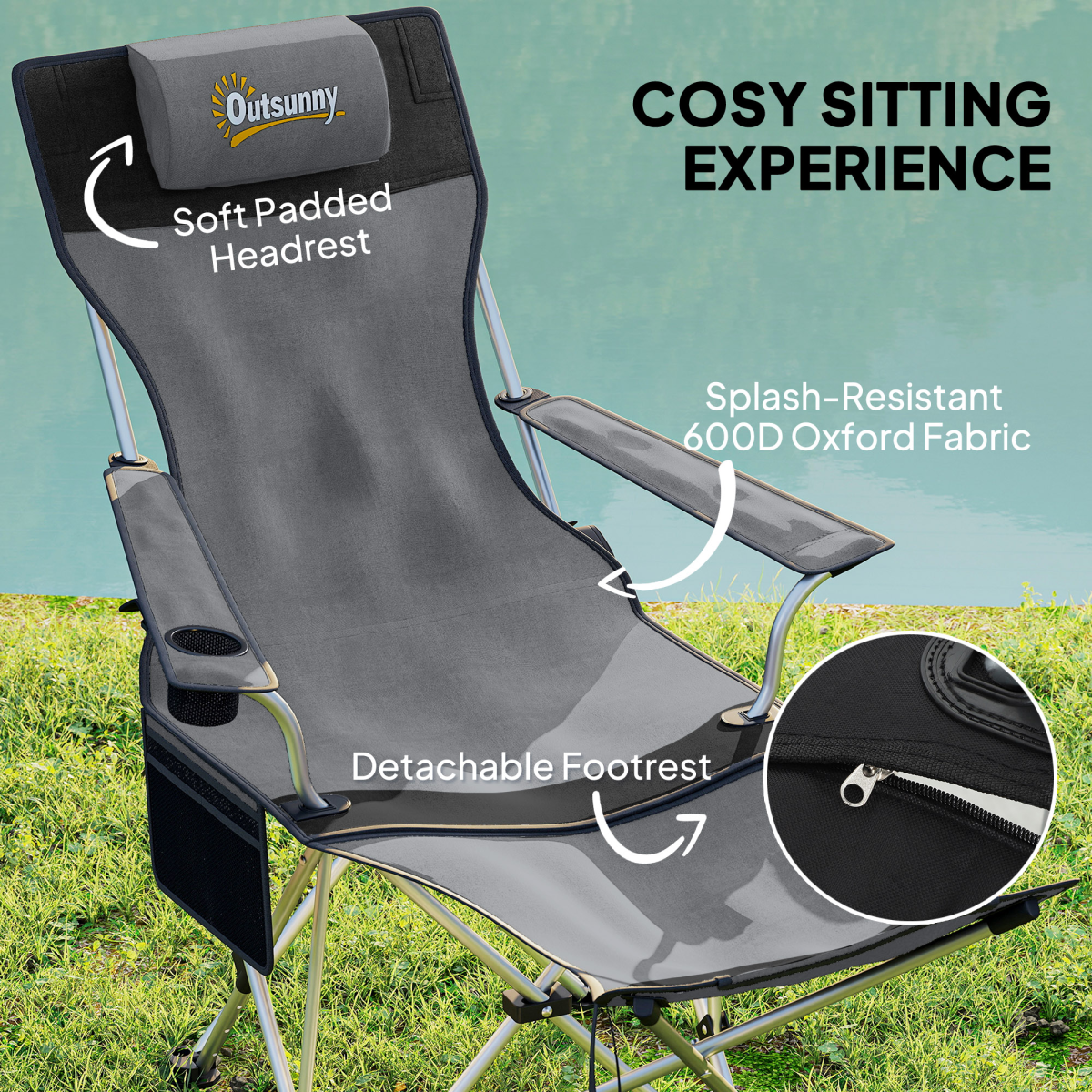 Outsunny Set of 2 Reclining Camping Chairs, Grey and Black