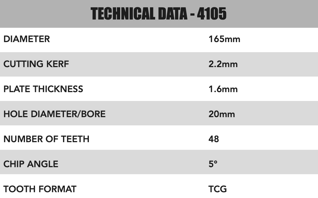165mm x 20mm x 2.2mm 48 Tooth TCG Track Saw (Solid Surface) Circular Saw Blade - 4105