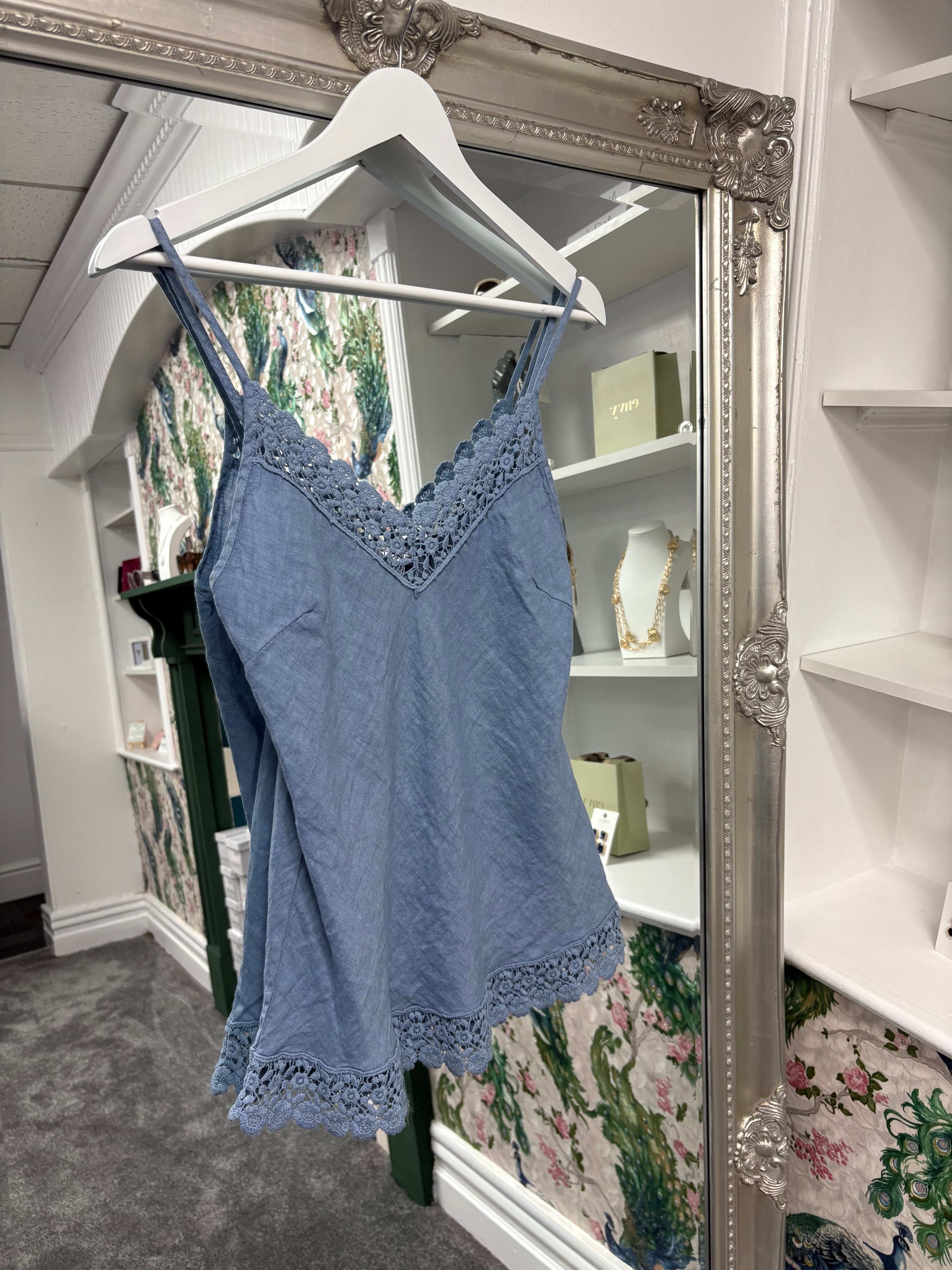 Luxtyle Linen Strappy Top with Flower Detail | Summer Cami | One Size Fits 8–14