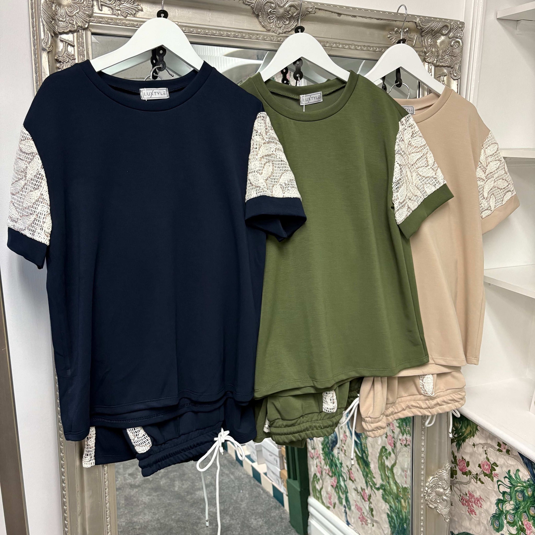 Luxtyle Soft Knit Co-ord Set | Crochet & Sequin Sleeve Top with Matching Trousers | One Size Fits Up to 14