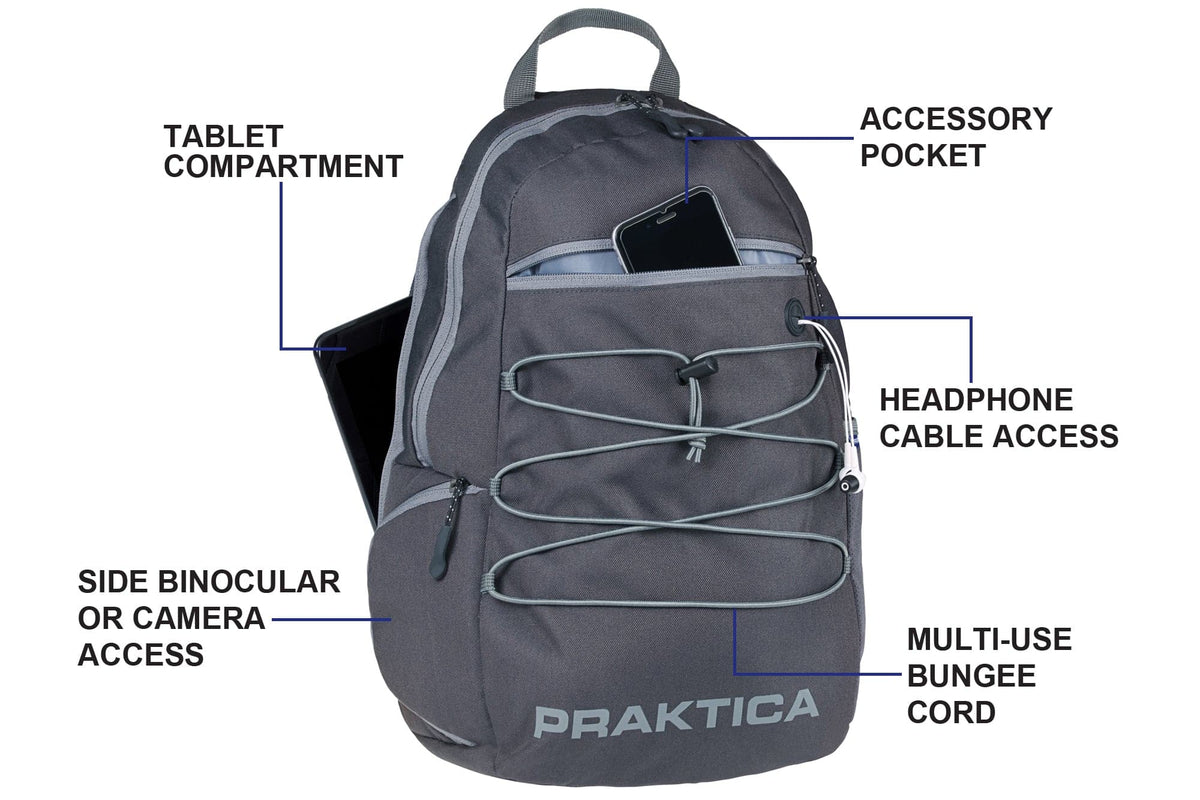 PRAKTICA All Weather Day 12L Backpack with Rain Cover & Binocular Pocket - Grey