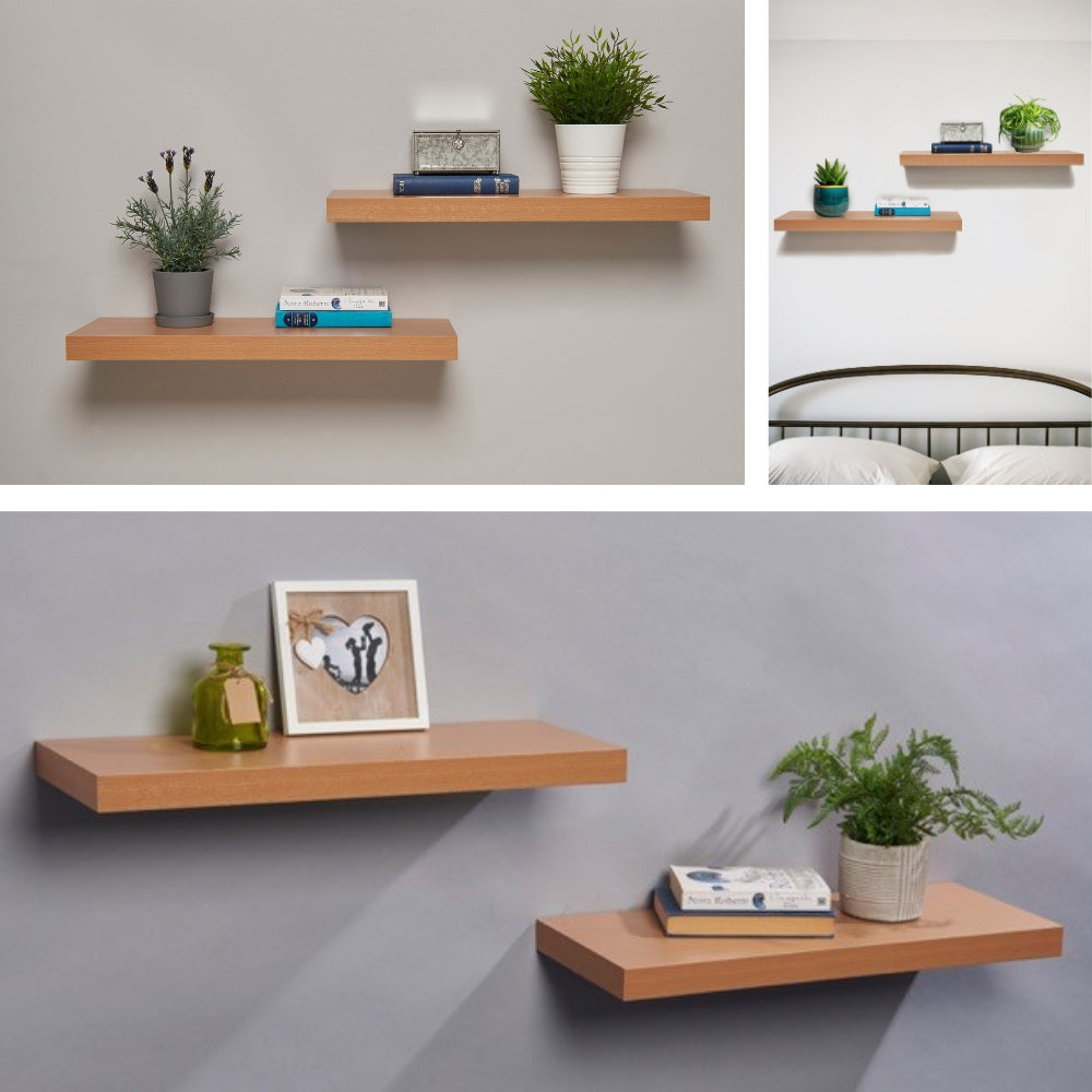 Pack of 2 Easy Fit Floating Shelves – 40cm or 60cm in White or Light Oak Finish