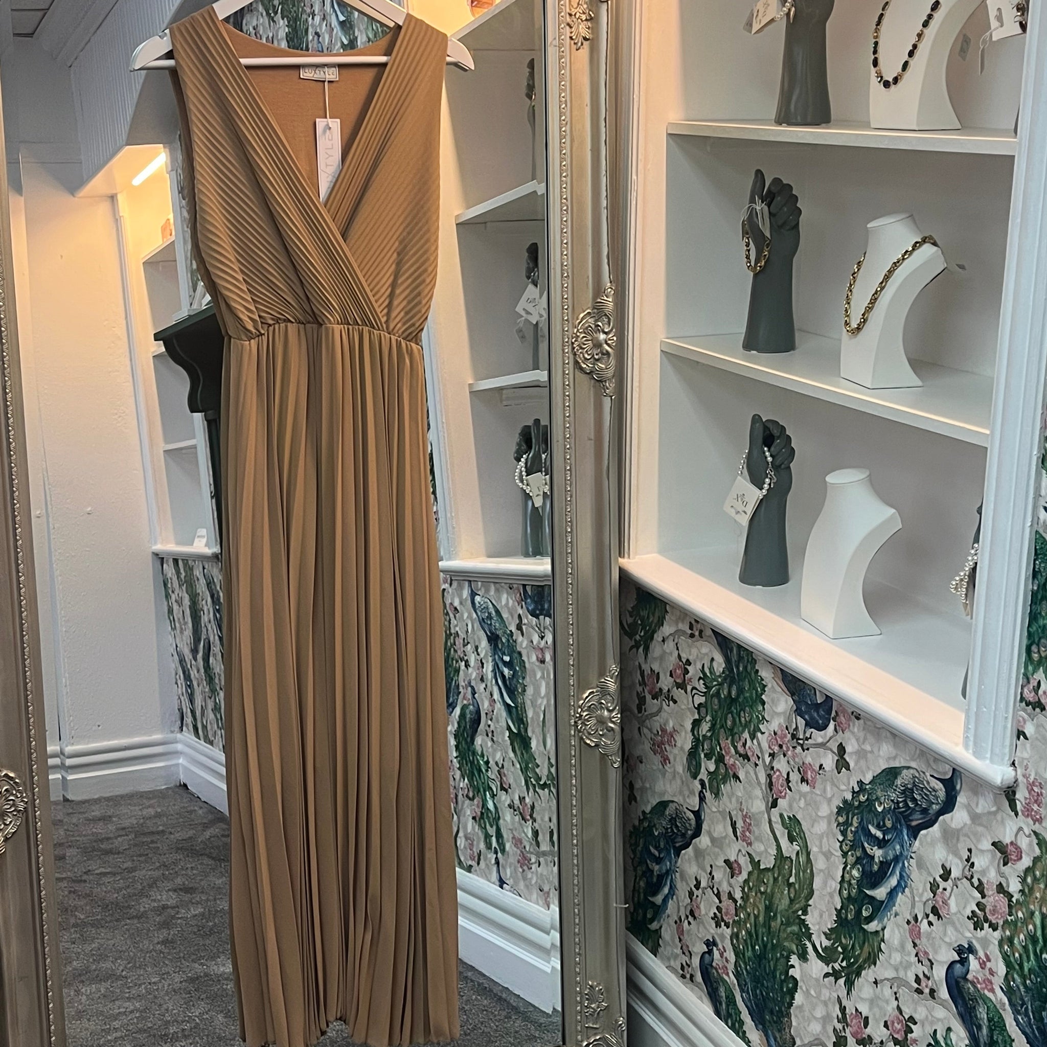 Pleated Sleeveless Midi Dress Latte (One Size 8–14)