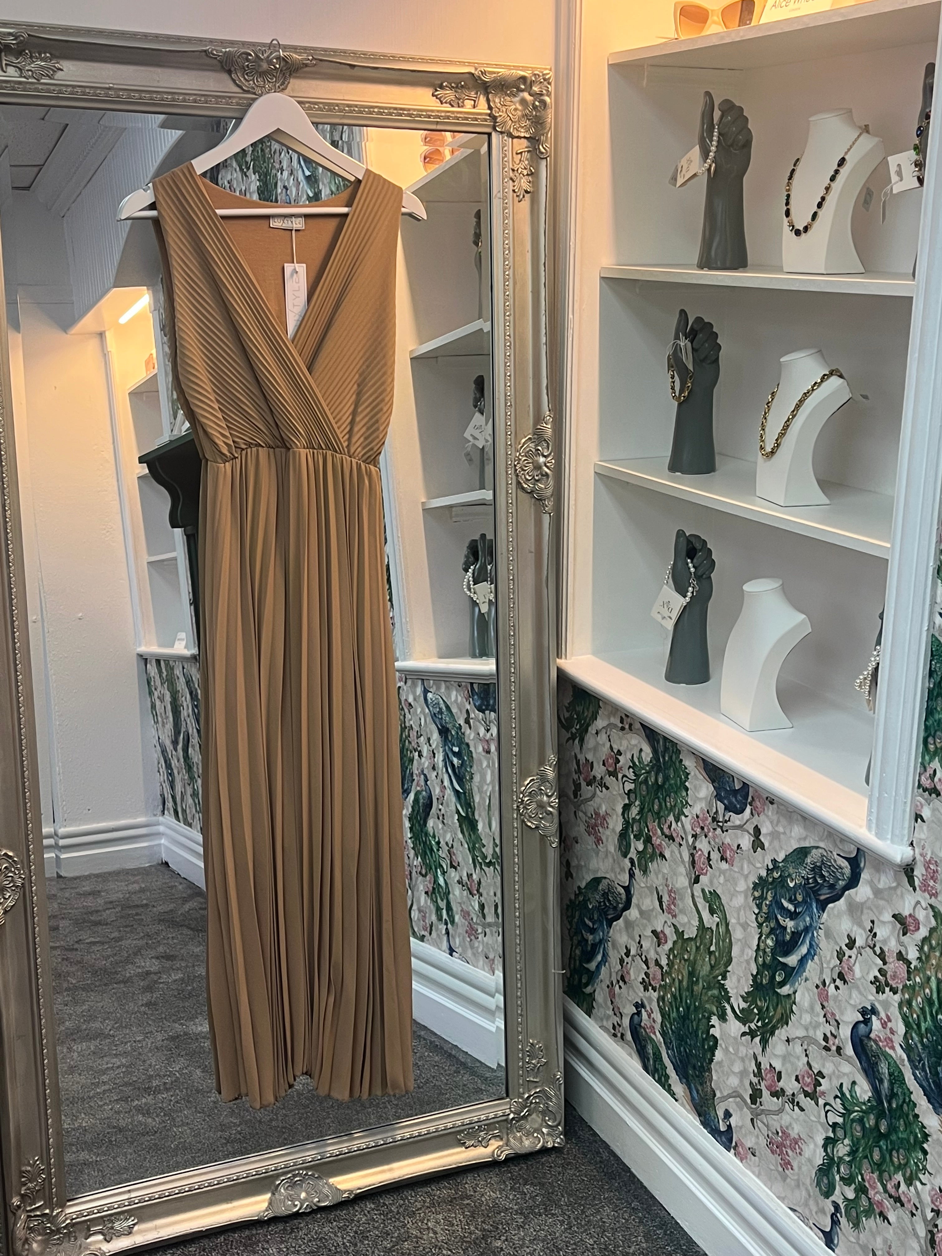 Pleated Sleeveless Midi Dress Latte (One Size 8–14)