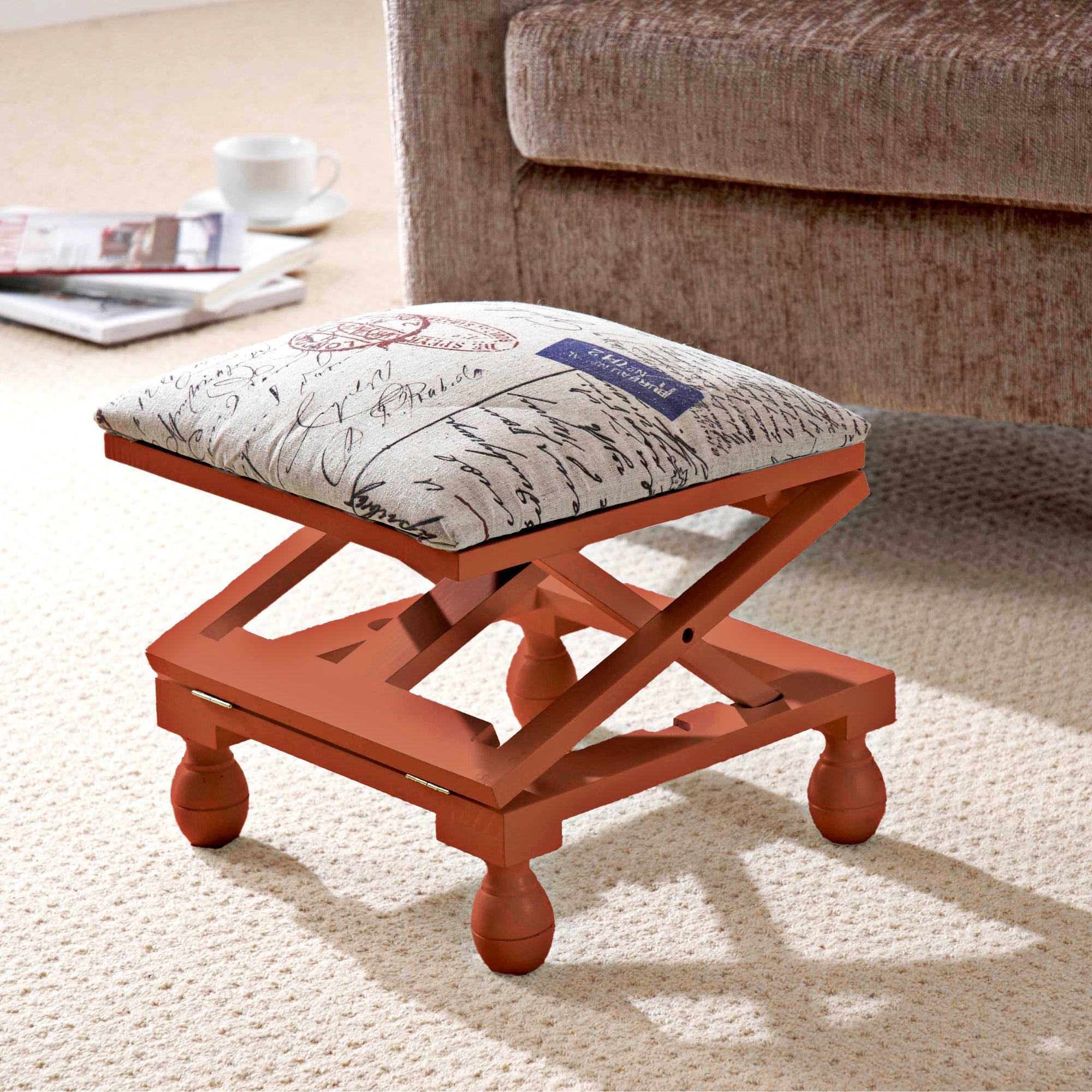 Adjustable 3-Position Wooden Footstool – Padded Fabric Top in White or Mahogany Finish