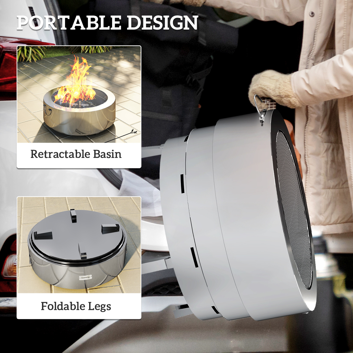 Outsunny Round Fire Pit with Grill Net, Stainless Steel Firepit, Silver