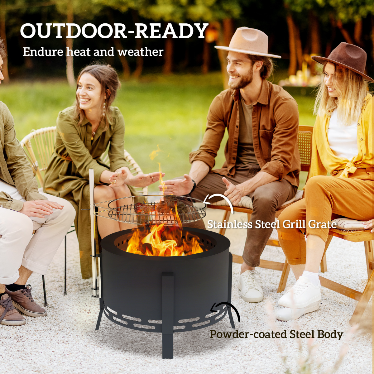 Outsunny Portable Fire Pit, 58 cm Round Firepit with Grill Grate, Black