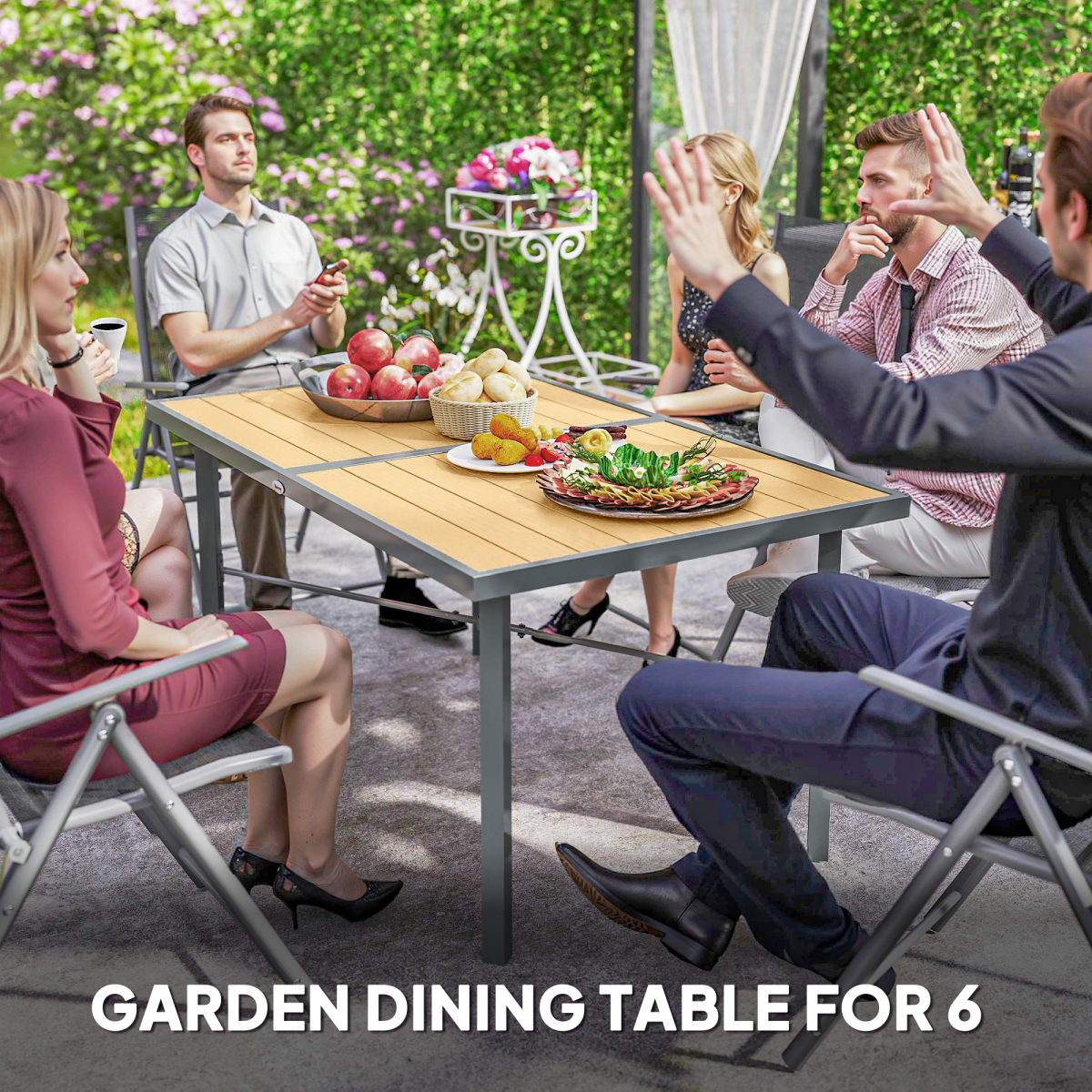 Outsunny Garden Table for 6, Outdoor Dining Table with 5cm Umbrella Hole