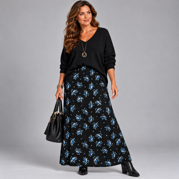 Black Blue Floral Elastic Waist Maxi Skirt