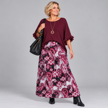 Wine Paisley Elastic Waist Maxi Skirt