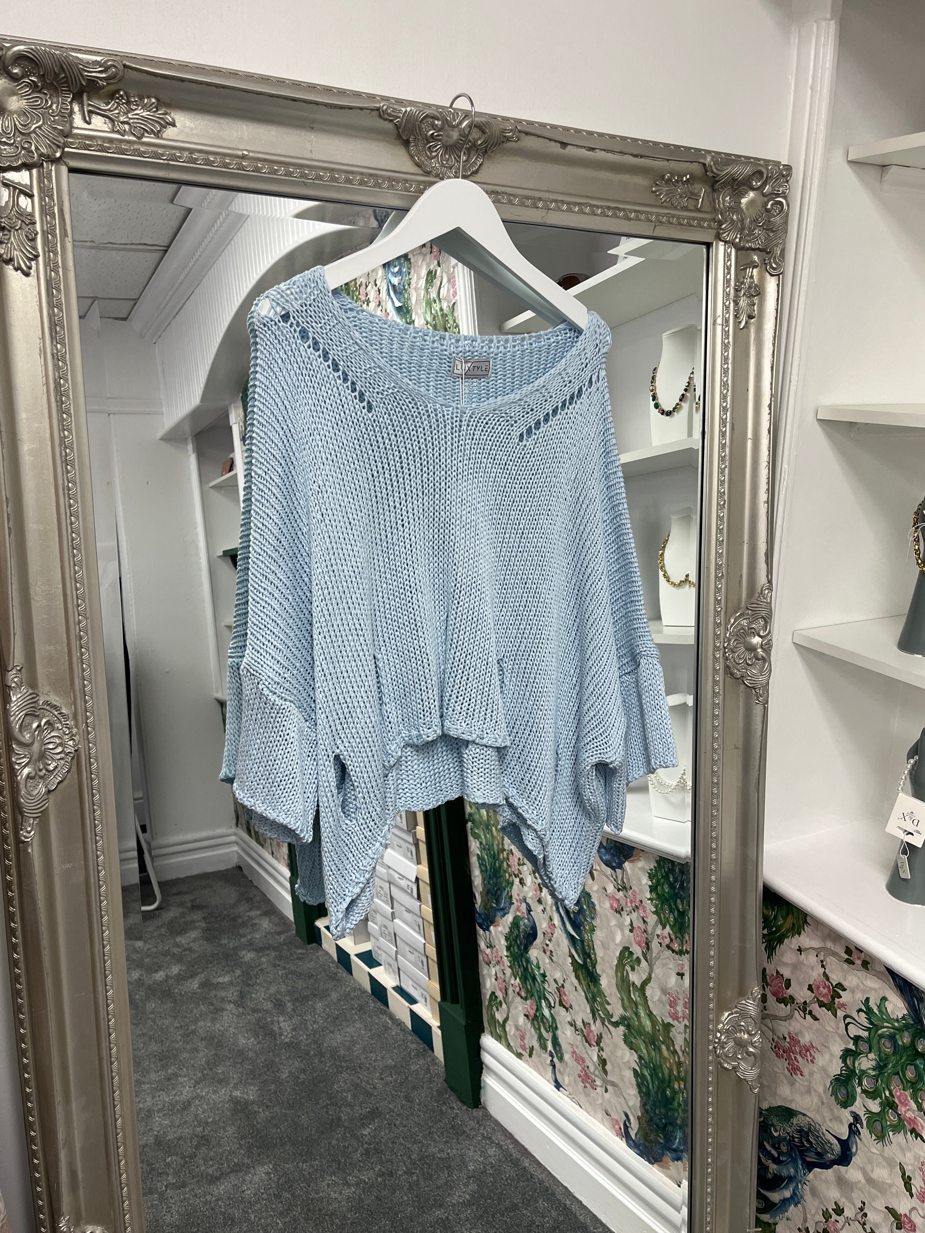 Sky Blue Crochet Knit Jumper – One Size Fits UK 8–14