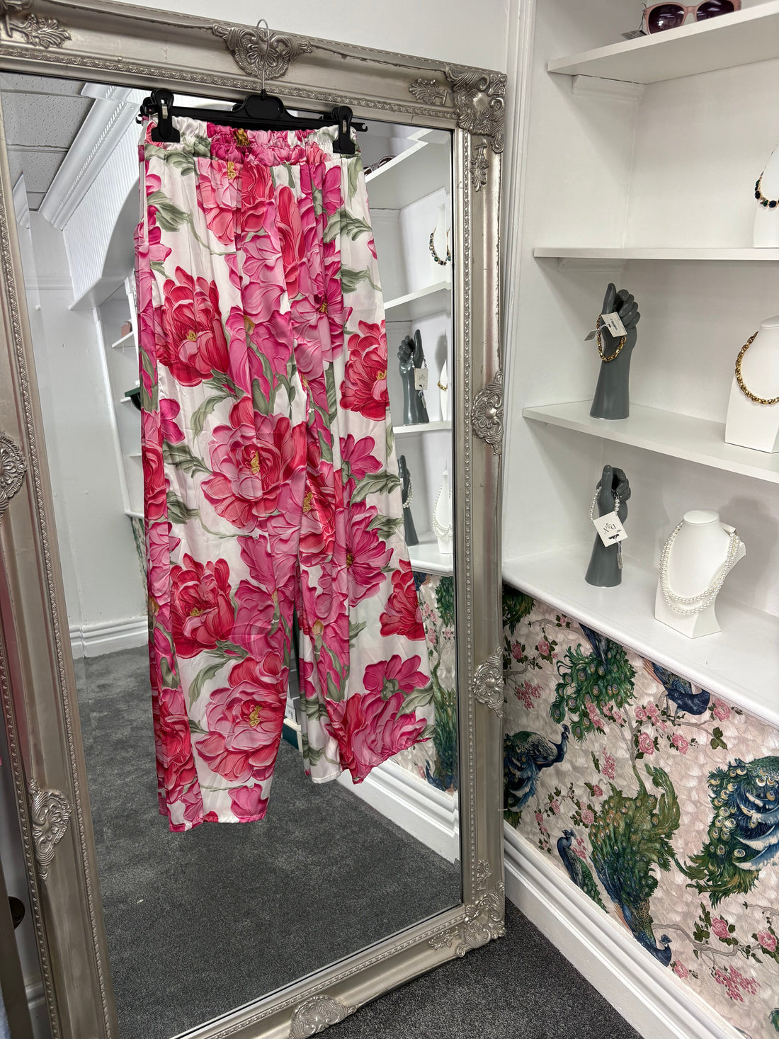 Pink and White Floral Wide Leg Trousers – One Size Fits UK 8–16 | Luxtyle