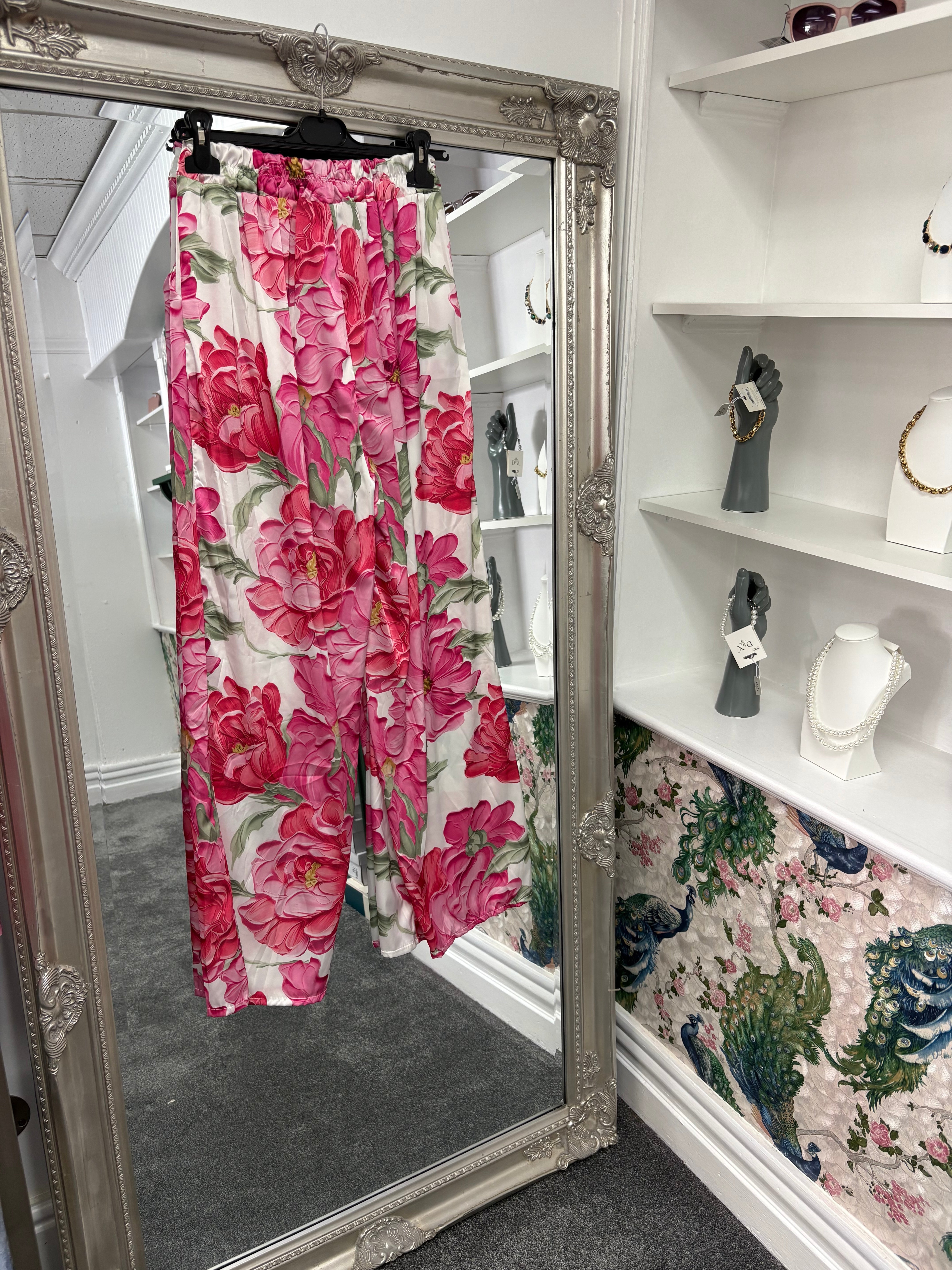 Pink and White Floral Wide Leg Trousers – One Size Fits UK 8–16 | Luxtyle