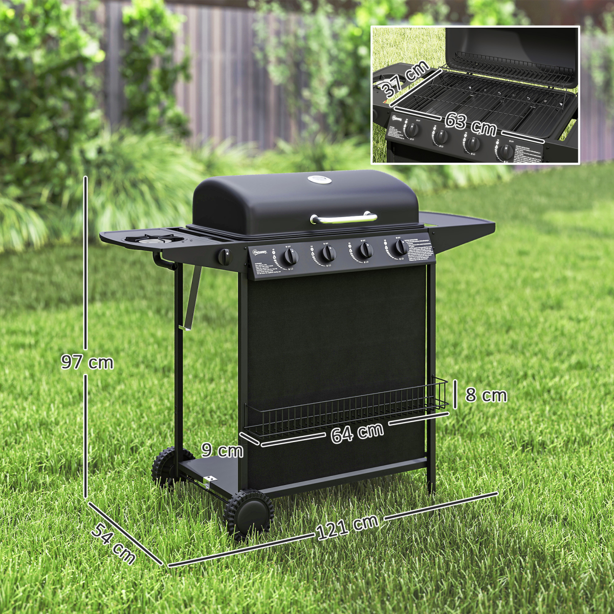 Outsunny 5 Burner Gas Barbecue Grill Portable Gas BBQ Grill with Lid, Black