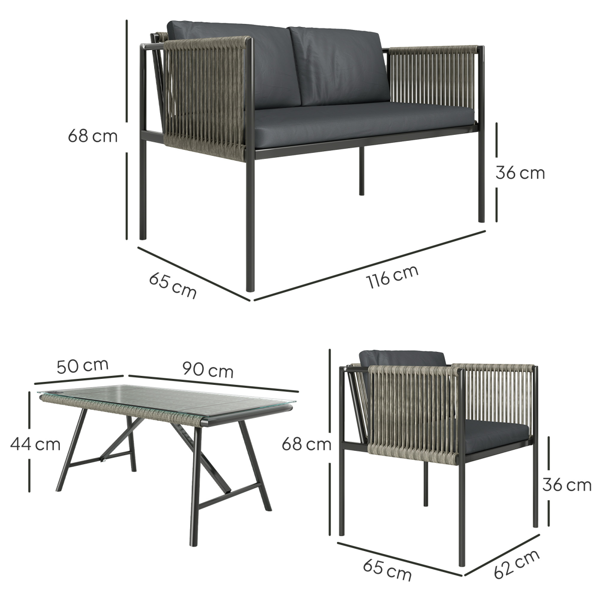 Outsunny 4 Seater Wicker Outdoor Furniture Set with Glass Coffee Table Grey