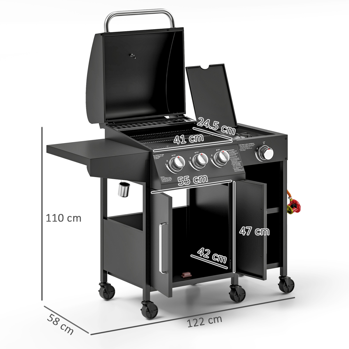 Outsunny 9.5 kW Gas Barbecue with 3+1 Burner, Storage Cabinet and Shelves