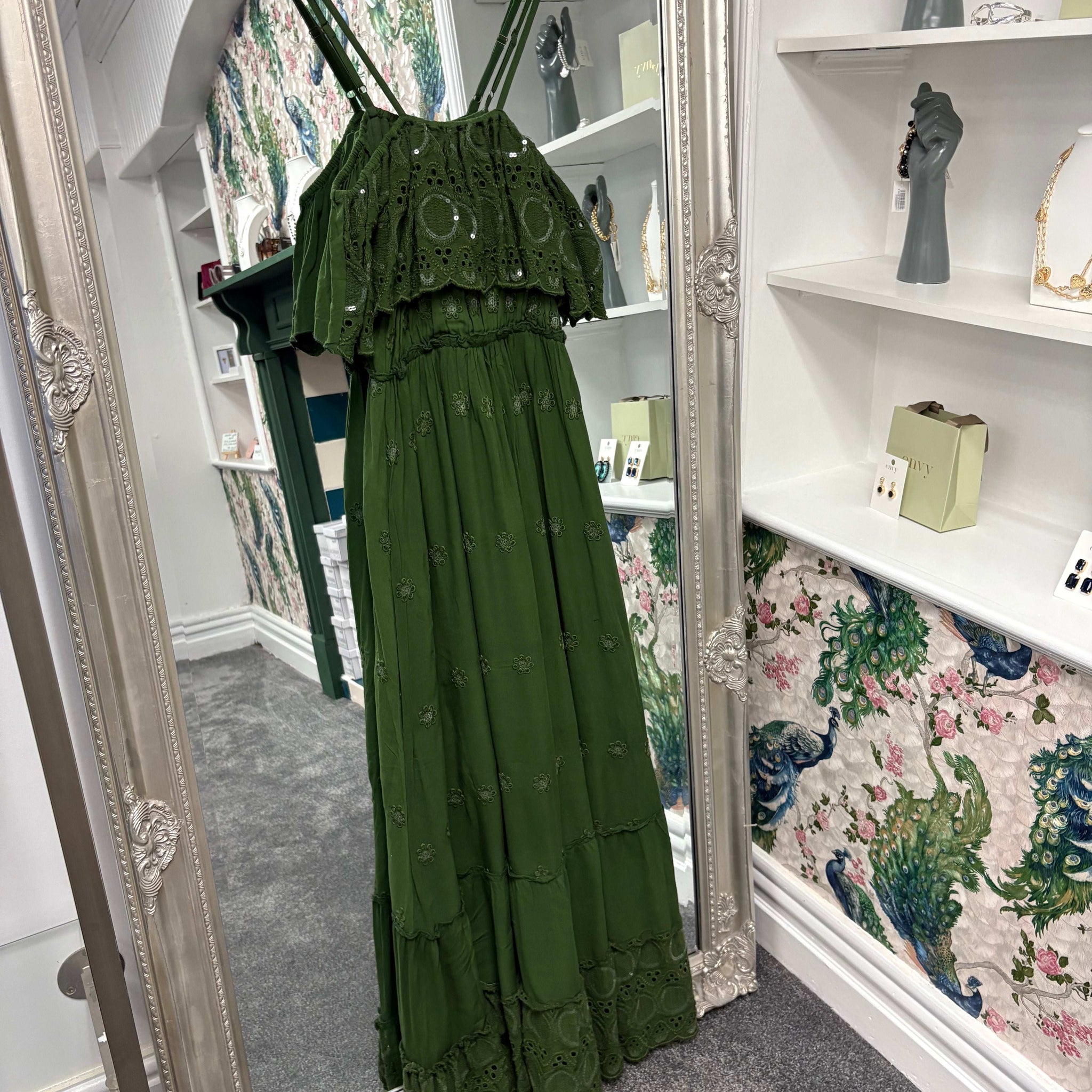 Luxtyle Embellished Green Strappy Maxi Dress – One Size (Fits UK 8–18)