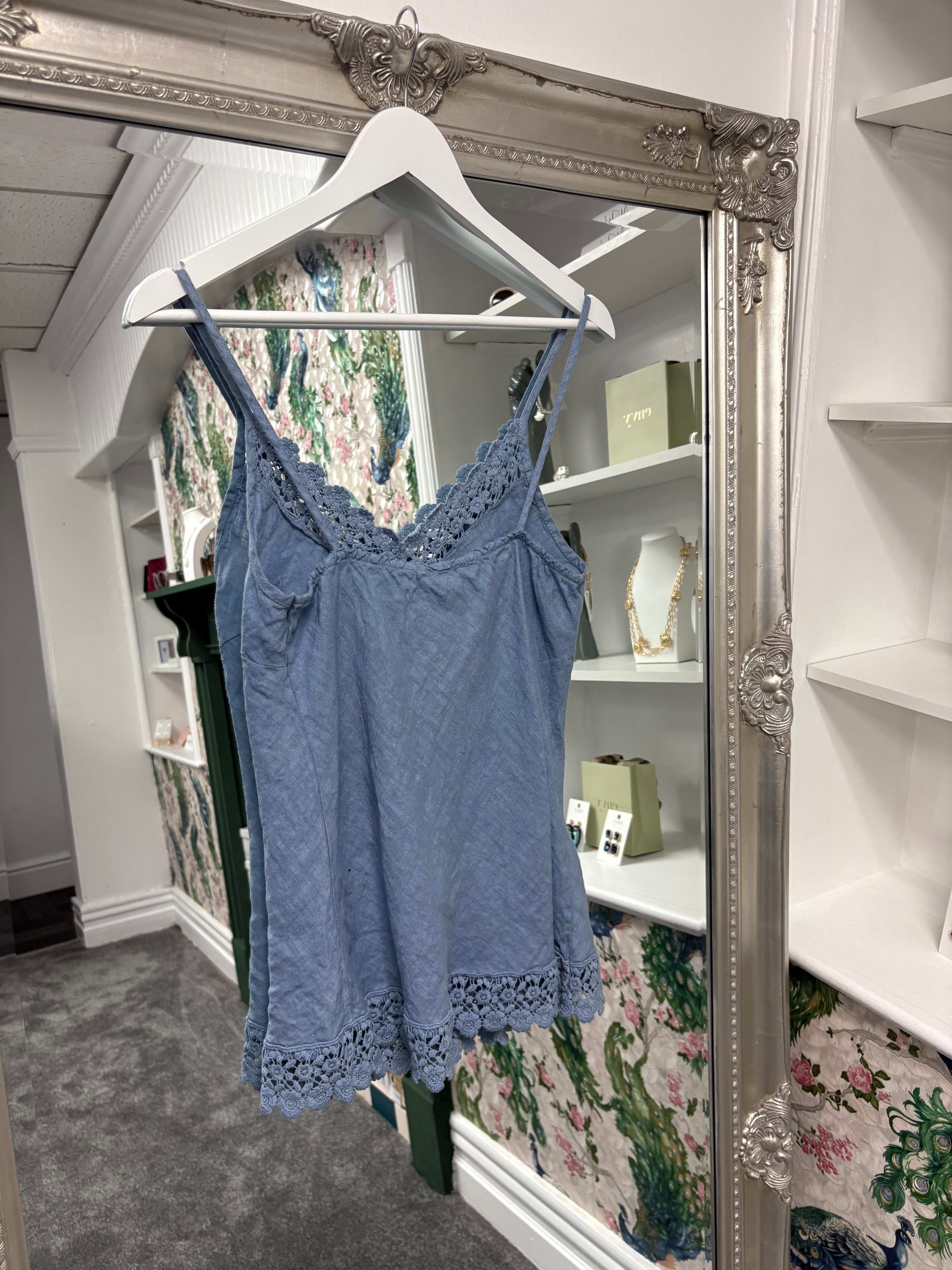 Luxtyle Linen Strappy Top with Flower Detail | Summer Cami | One Size Fits 8–14