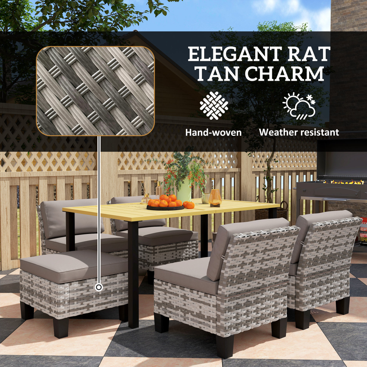 Outsunny 7 PCS Rattan Garden Dining Set with Cushions, Umbrella Hole, Grey