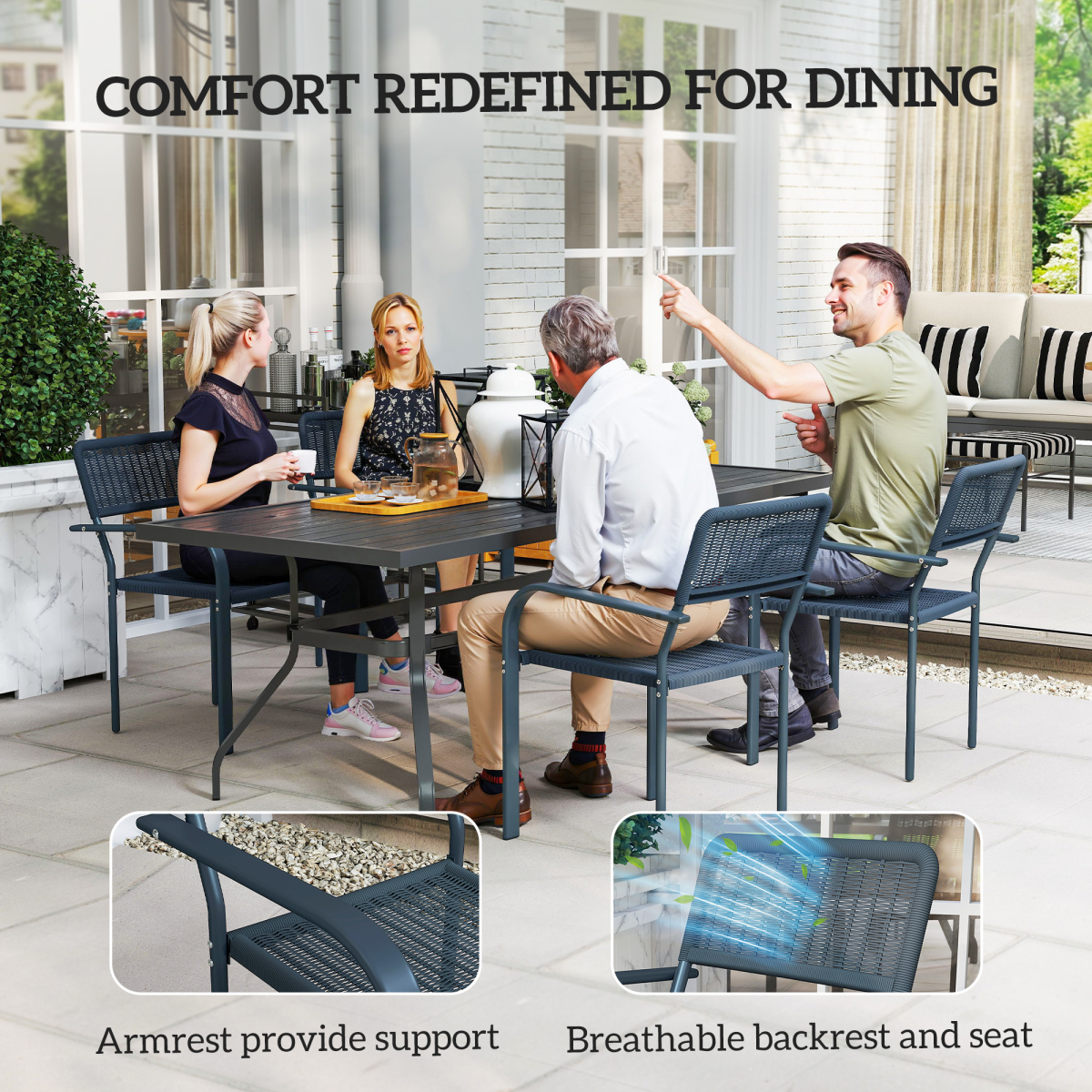 Outsunny Garden Chairs Set of 4, Stackable & Rattan Effect, Dark Grey