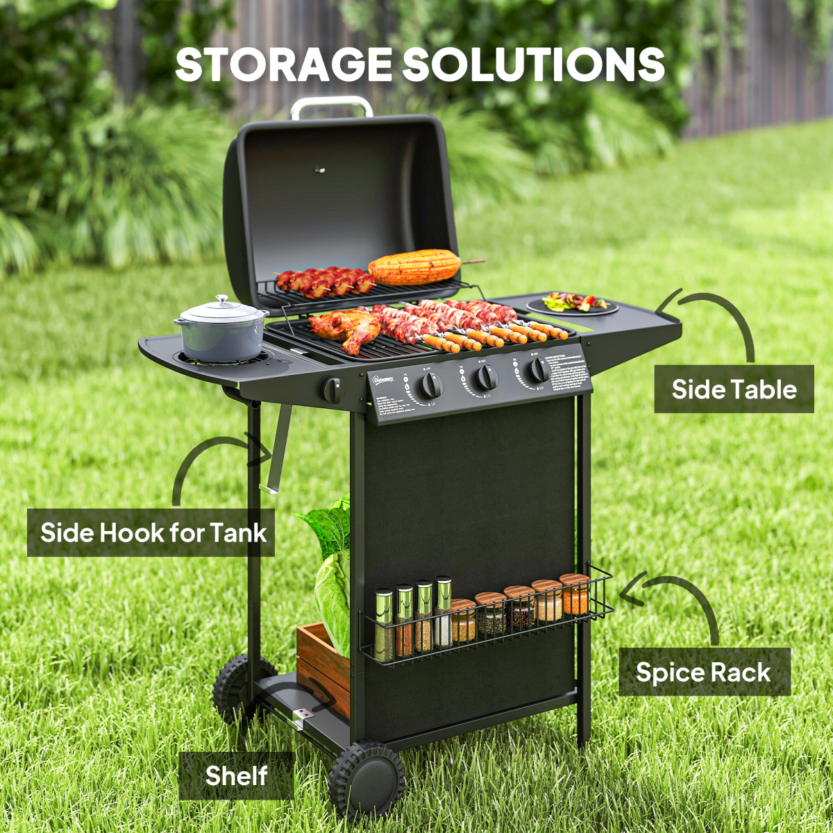 Outsunny 4 Burner Gas Barbecue Grill Portable Gas BBQ Grill with Lid, Black