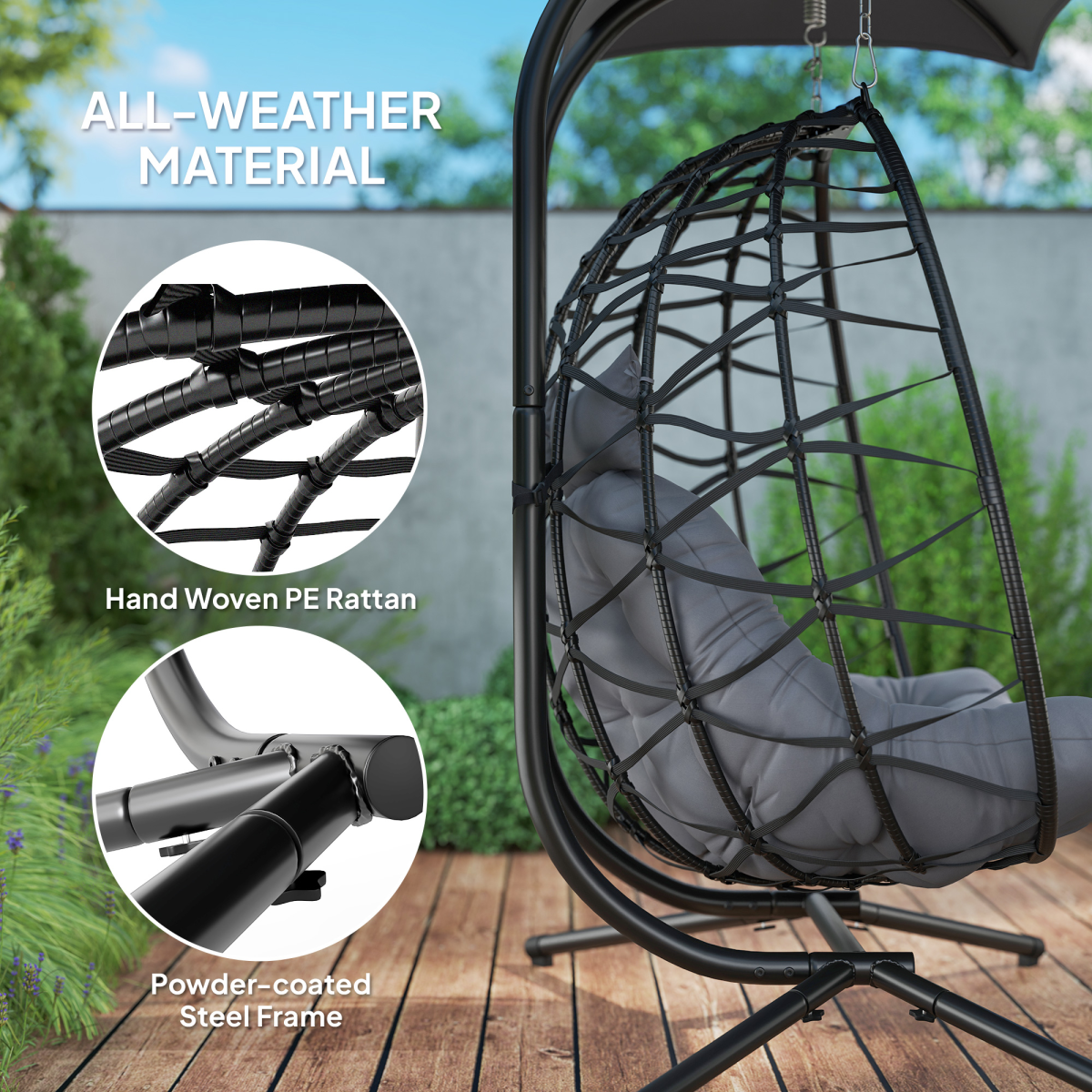 Outsunny Rattan Double Hanging Egg Chair with Canopy, Cushion, Black
