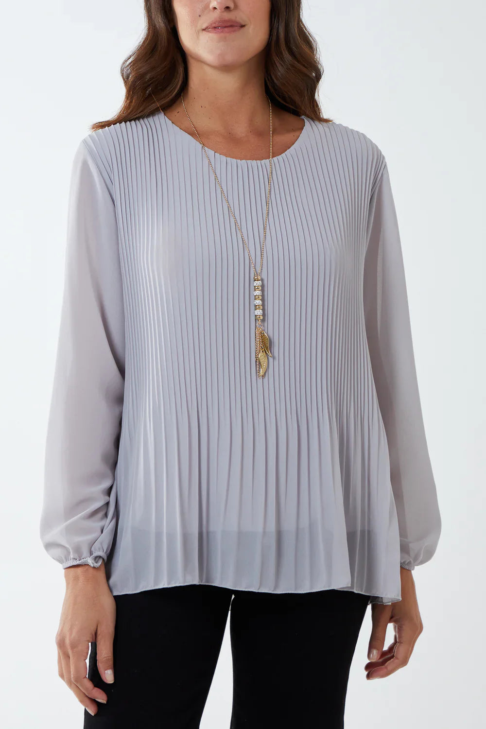 Pleated Longsleeve Top with Necklace – One Size Fits 8–16 (Available in Multiple Colours)