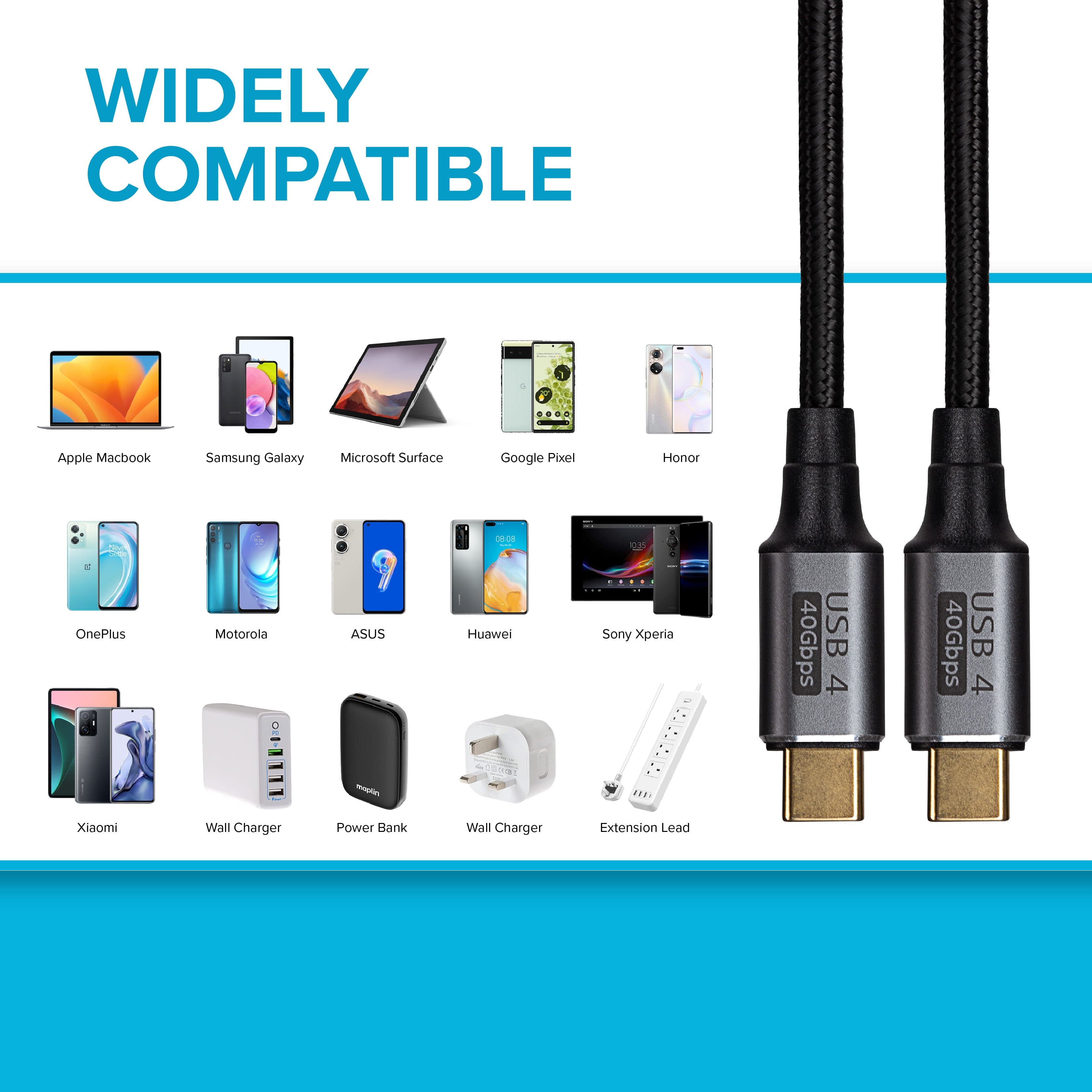 Maplin Pro USB-C to USB-C v4.0 40Gbps 8K@60Hz Super Speed Braided Cable - Black, 1.2m