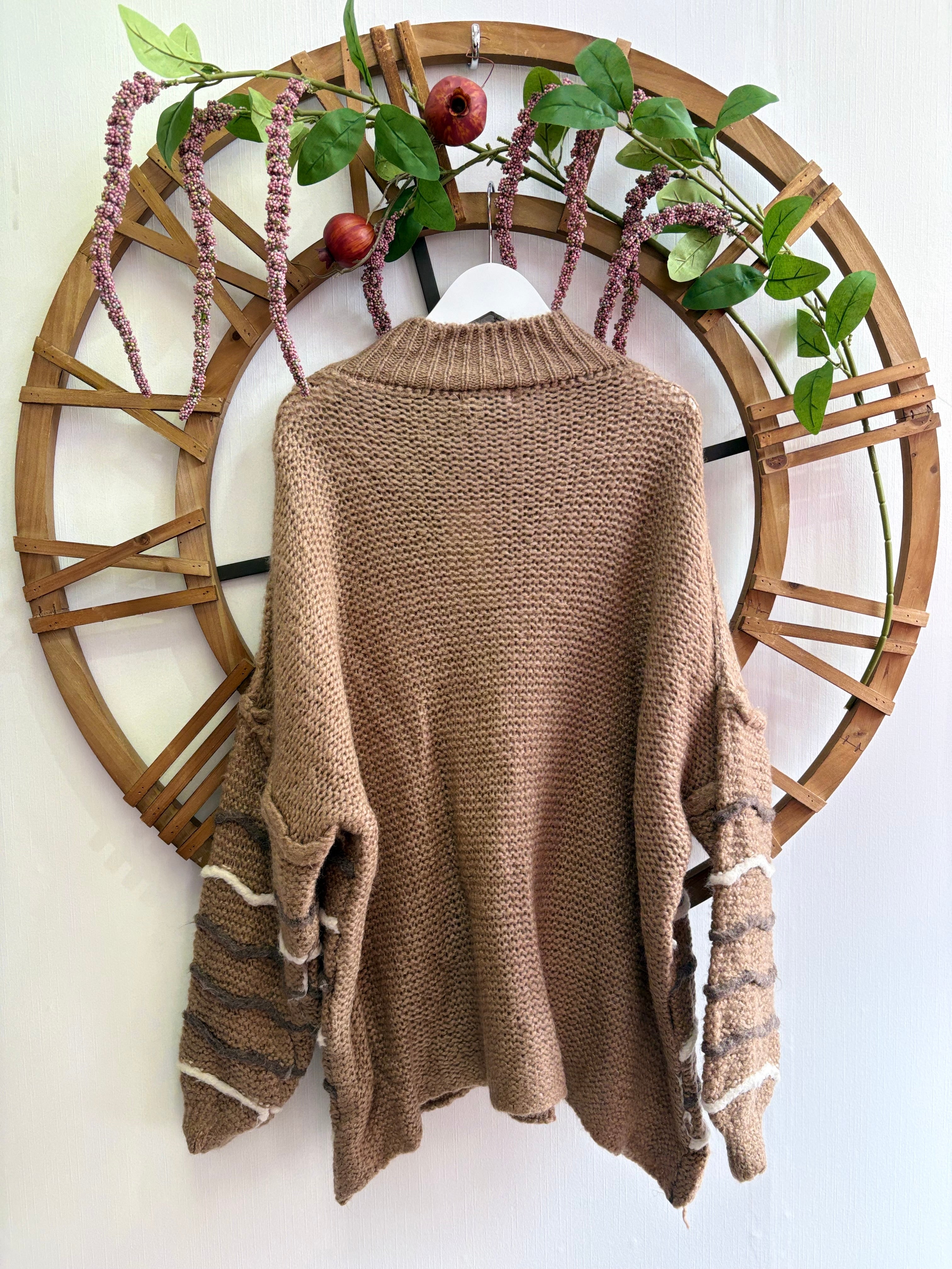 Luxtyle Chunky Stripe Knit Jumper – Ecru, Camel & Khaki – One Size (up to 18)