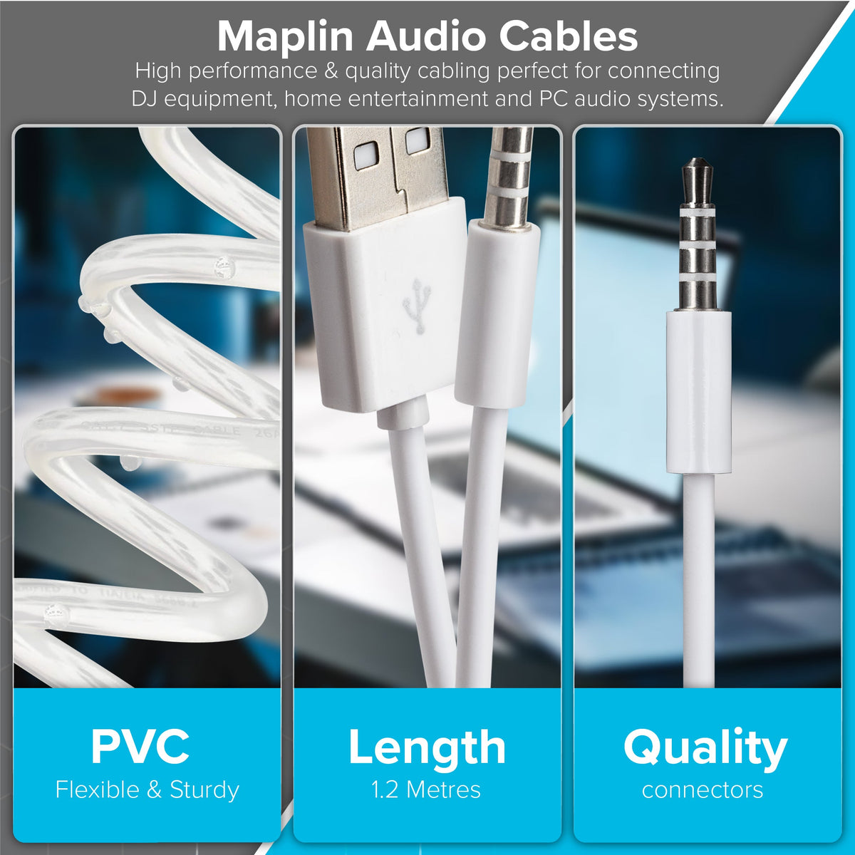 Maplin USB-A to 3.5mm Aux Stereo 3 Pole TRRS Jack Plug Cable - White, 1.2m