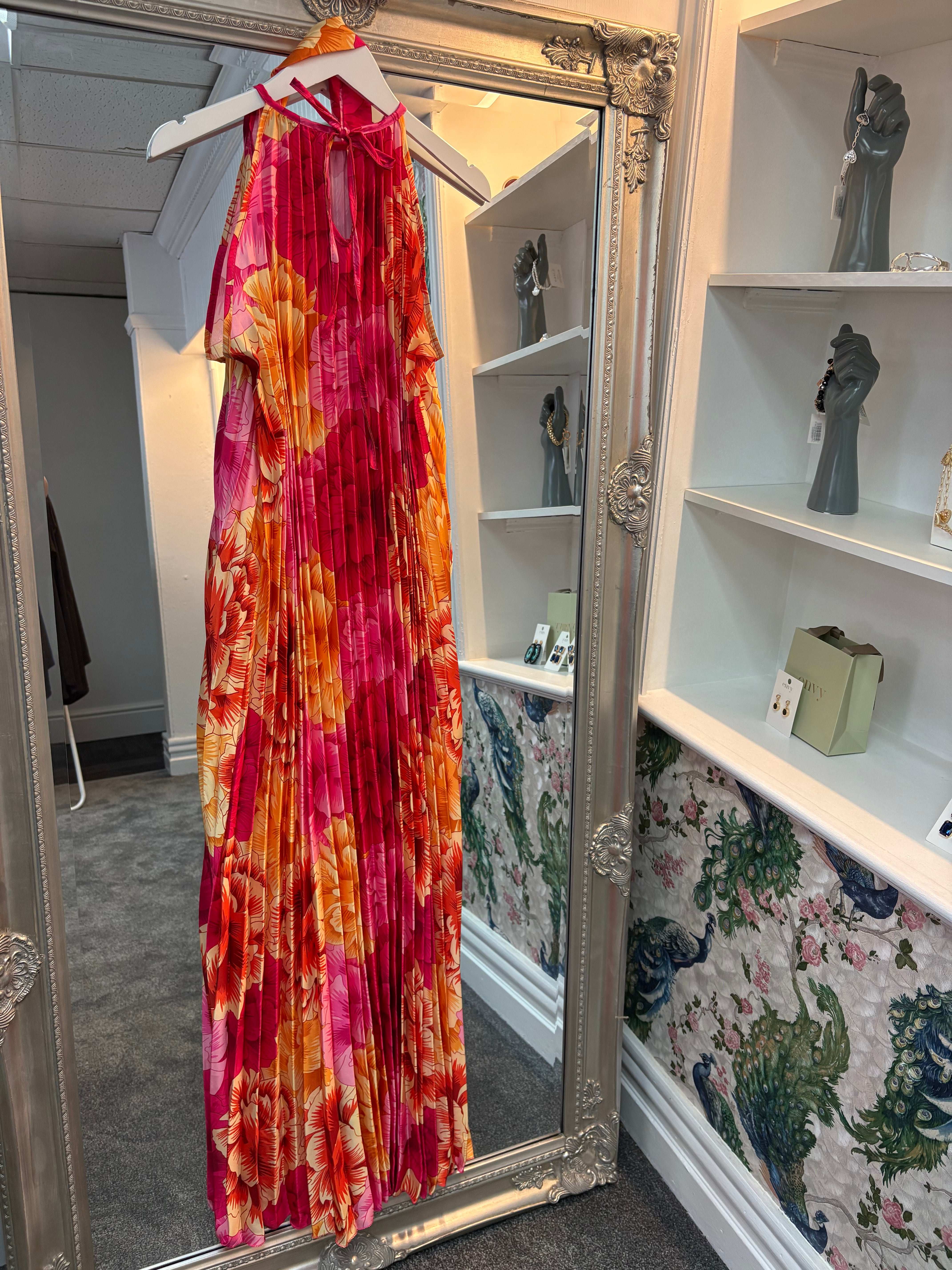 Luxtyle Pleated High Neck Floral Dress – One Size Fits 8–18