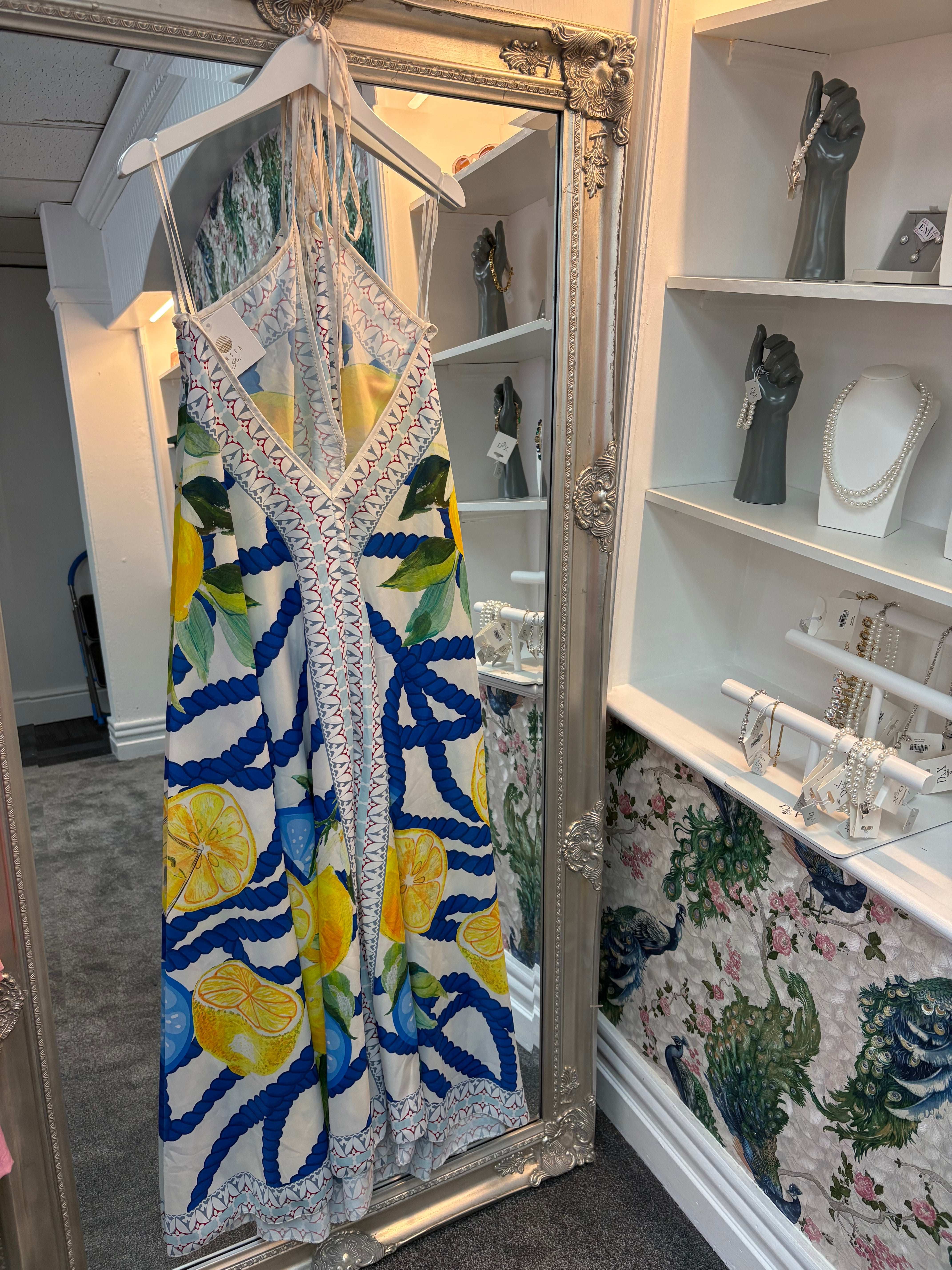 Blue and Lemon Happy Holidays Maxi Dress – One Size 8–18