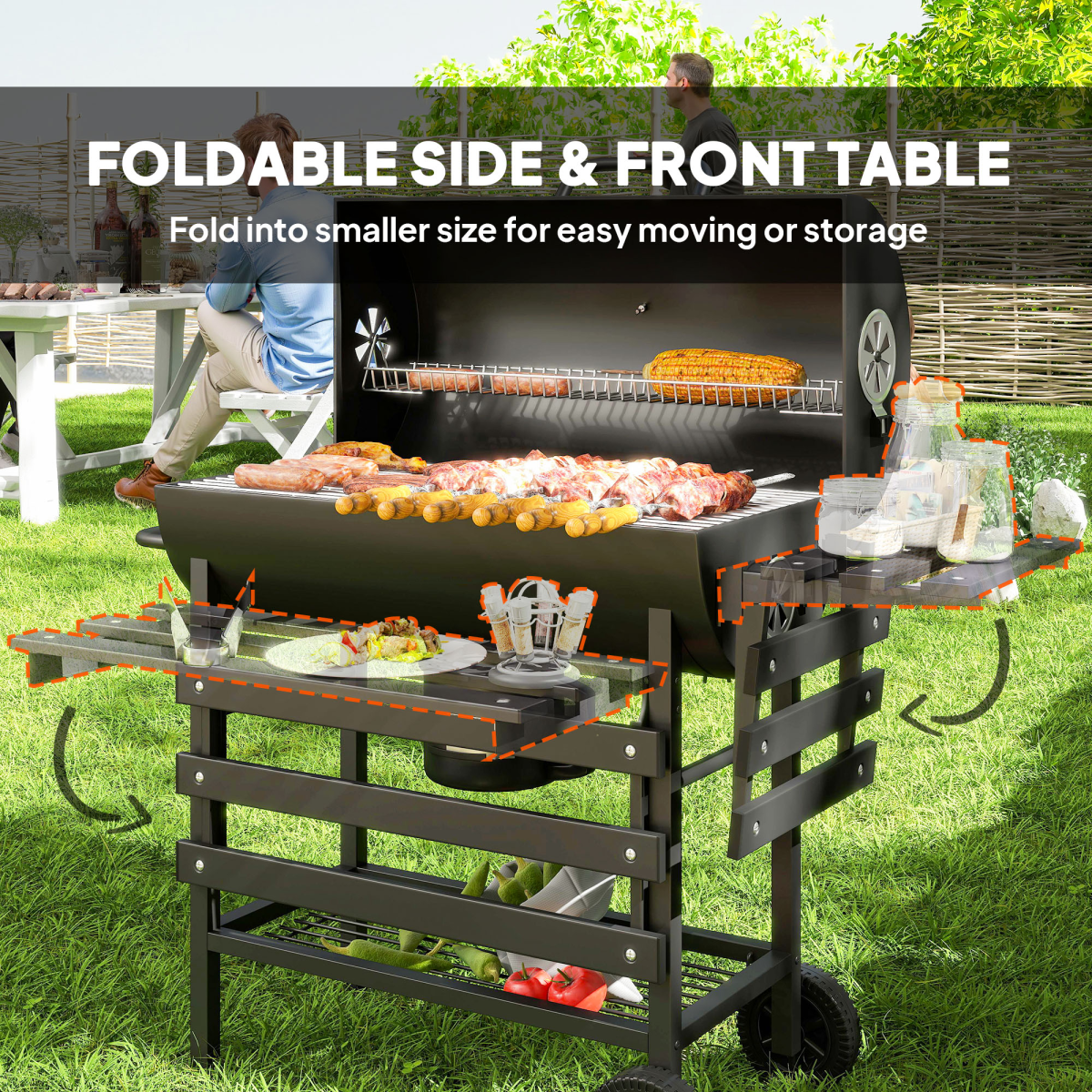 Outsunny Charcoal BBQ Grill with Warming Rack Shelves Temperature Gauge