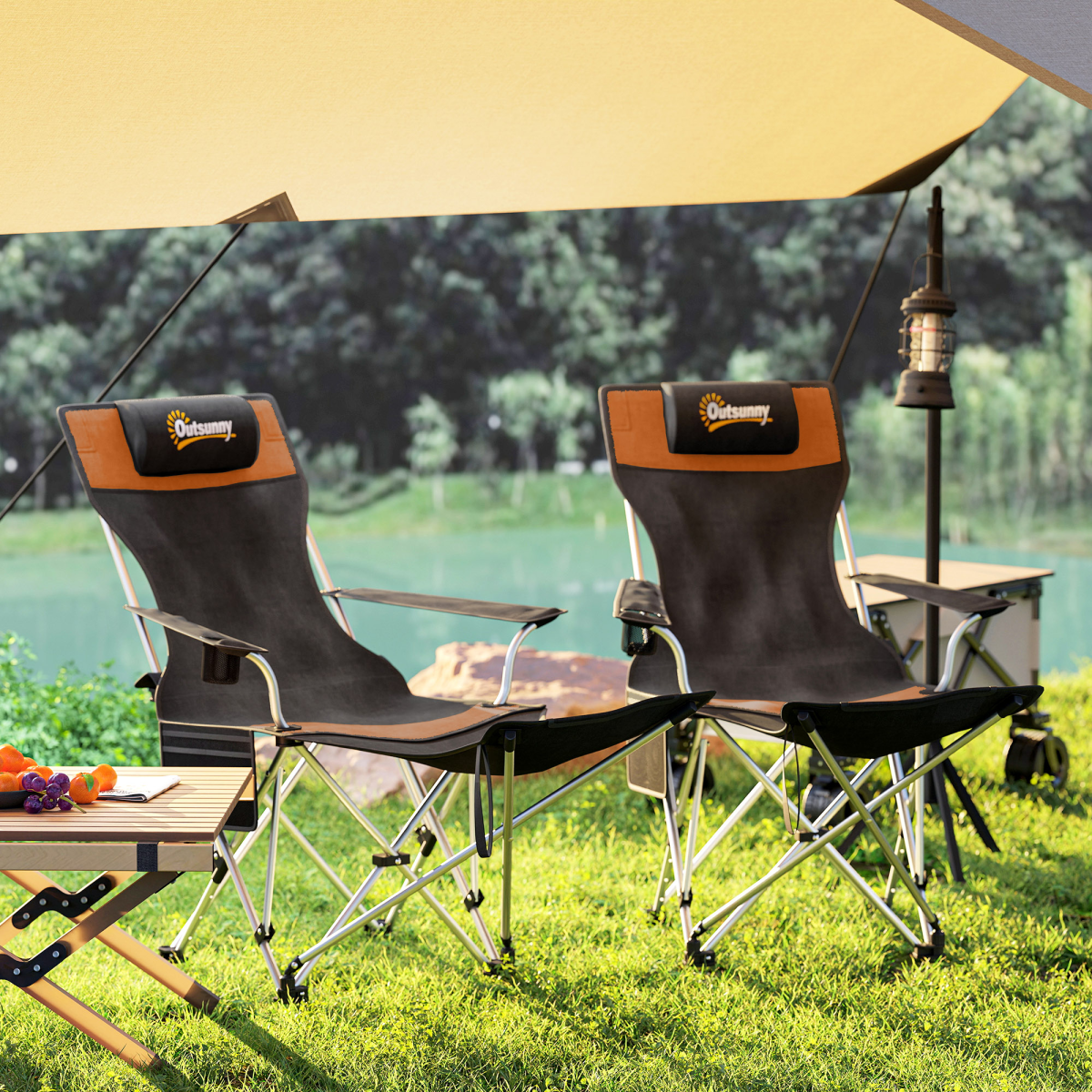 Outsunny Set of 2 Reclining Camping Chairs, Orange and Black