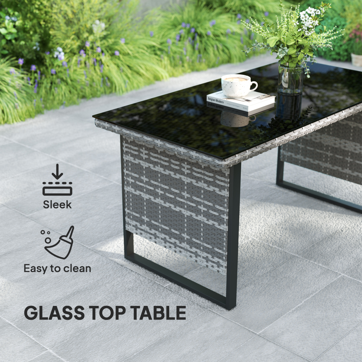 Outsunny Sectional Outdoor Furniture with Glass Top Table, Light Grey