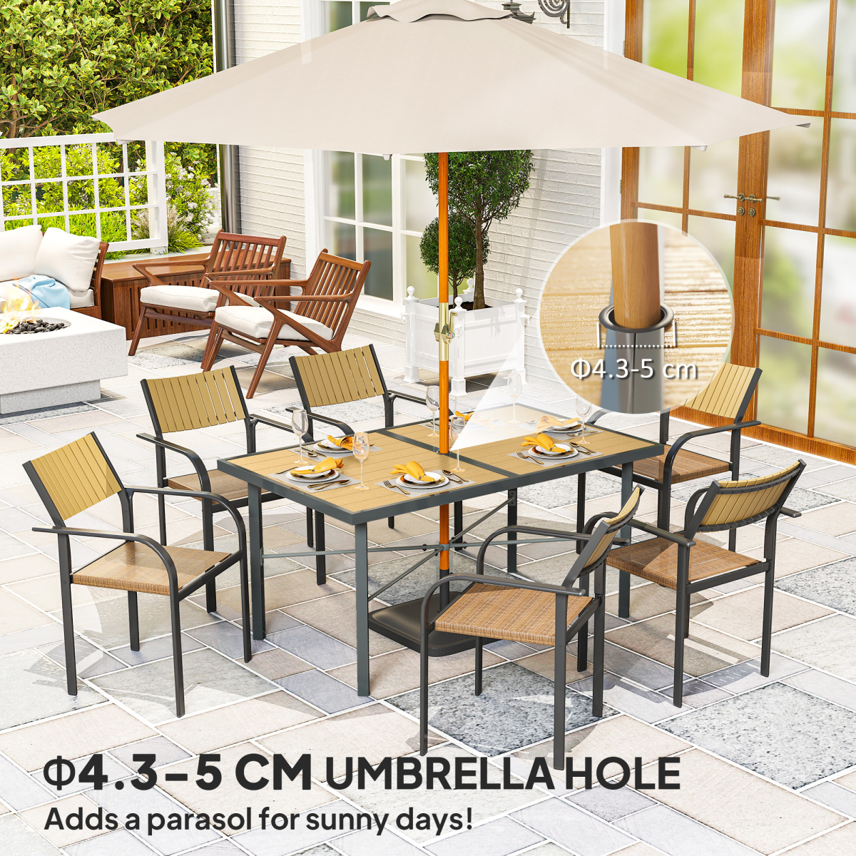 Outsunny Garden Table for 6, Outdoor Dining Table with 5cm Umbrella Hole