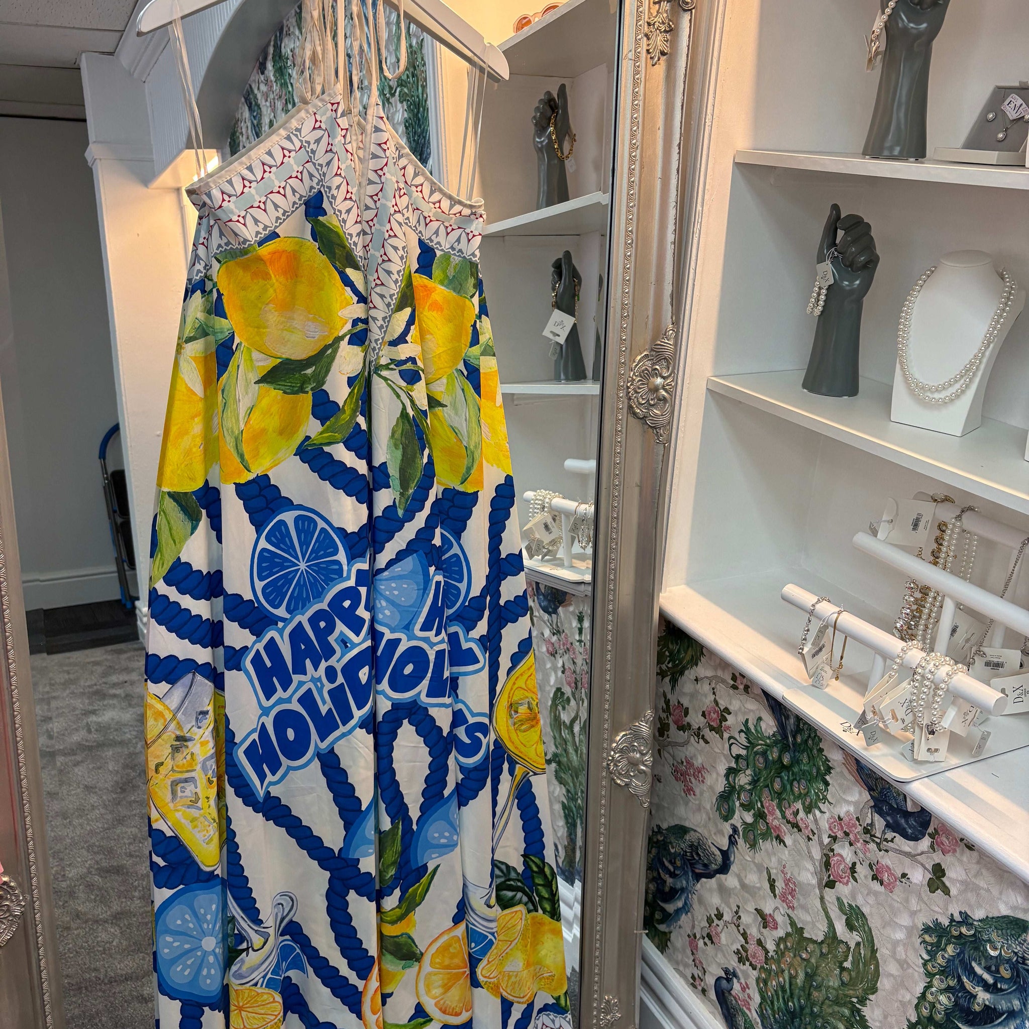 Blue and Lemon Happy Holidays Maxi Dress – One Size 8–18